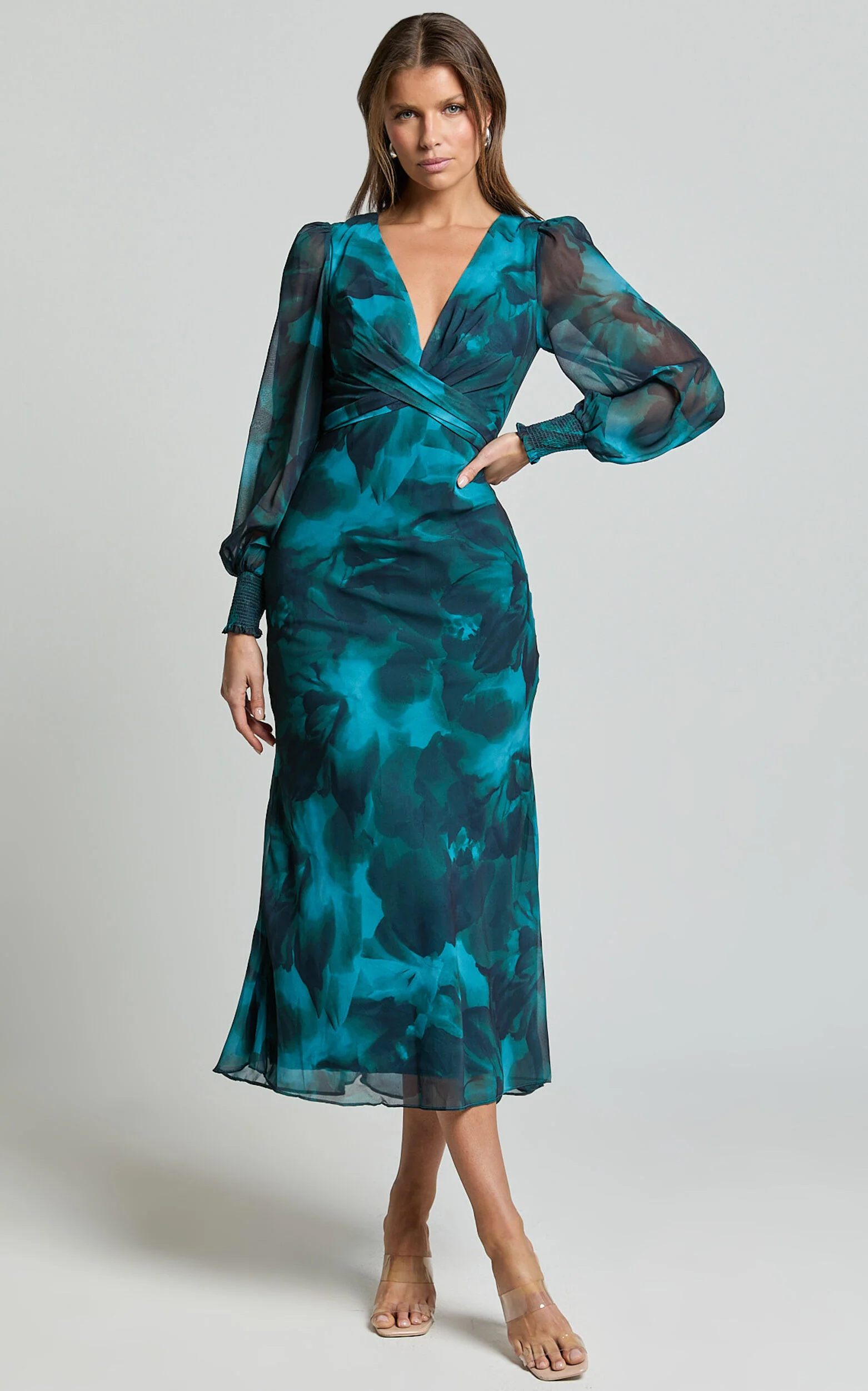 Artelia Midi Dress - V Neck Long Sleeve Slip Dress in Emerald