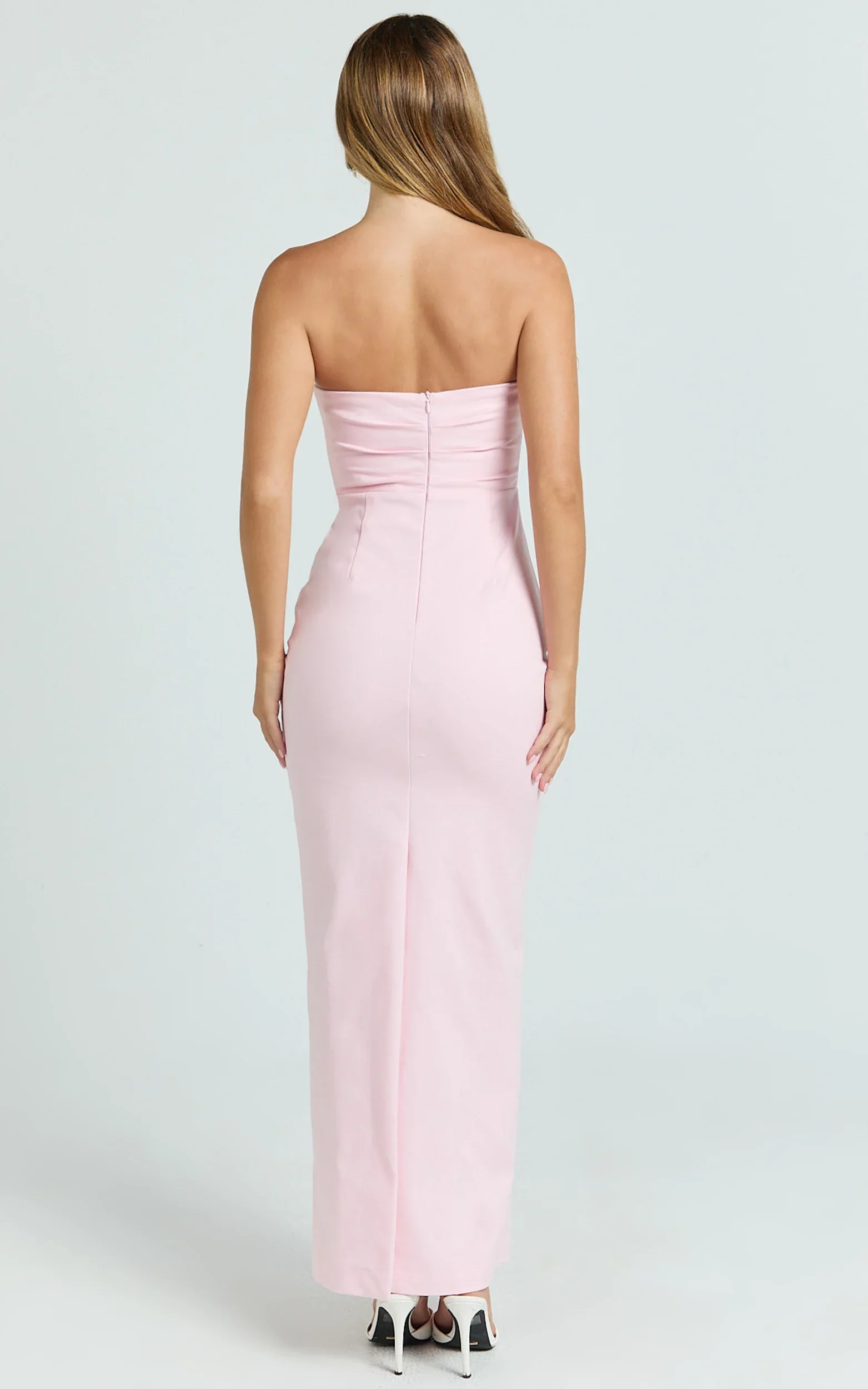Jamie Midi Dress - Strapless Ruched Fitted Column Dress in Pink