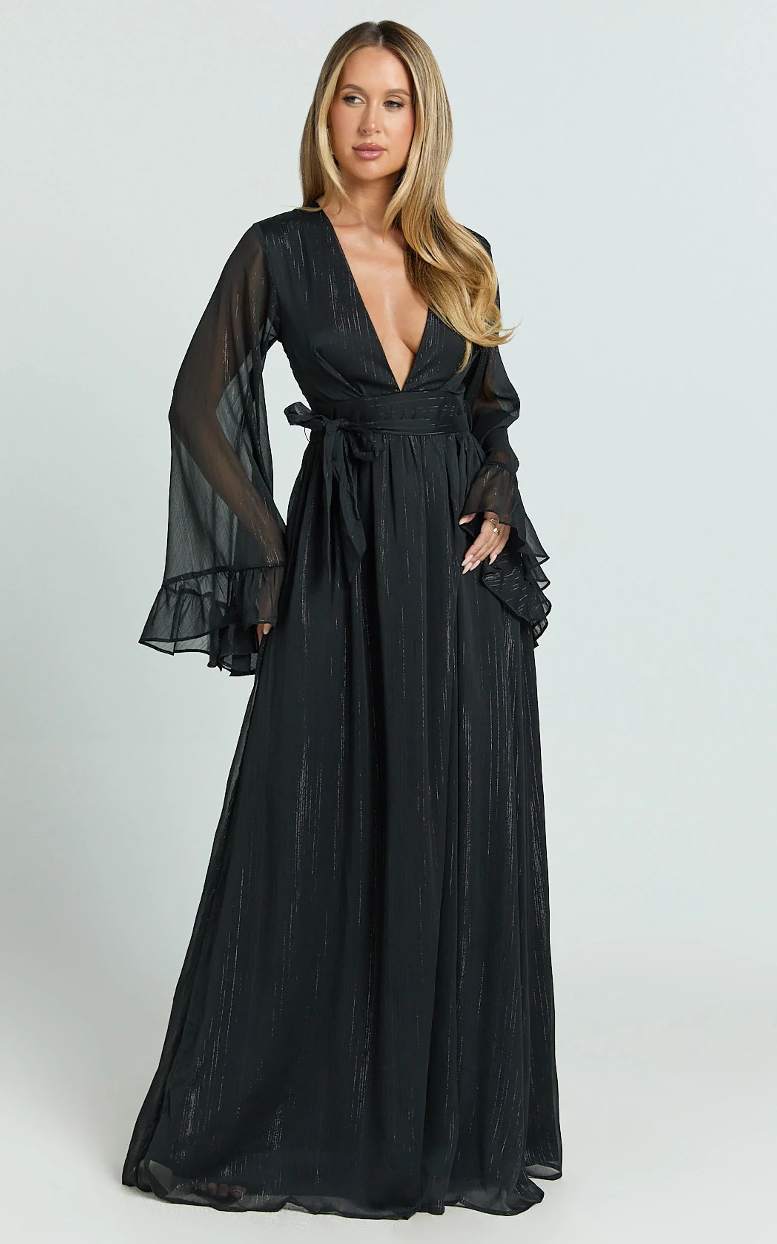 Dangerous Woman Maxi Dress - Plunge Thigh Split Dress in Black