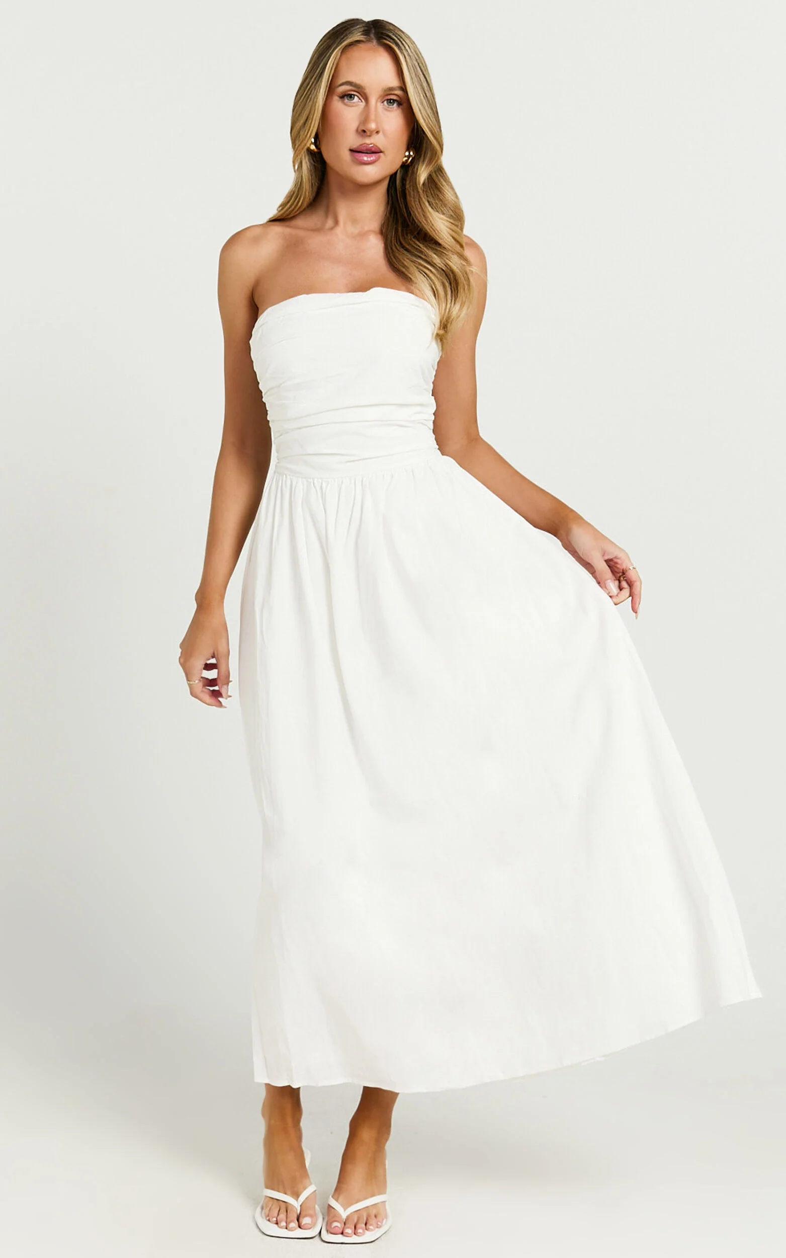 Polly Midi Dress - Strapless Ruched Dress in White