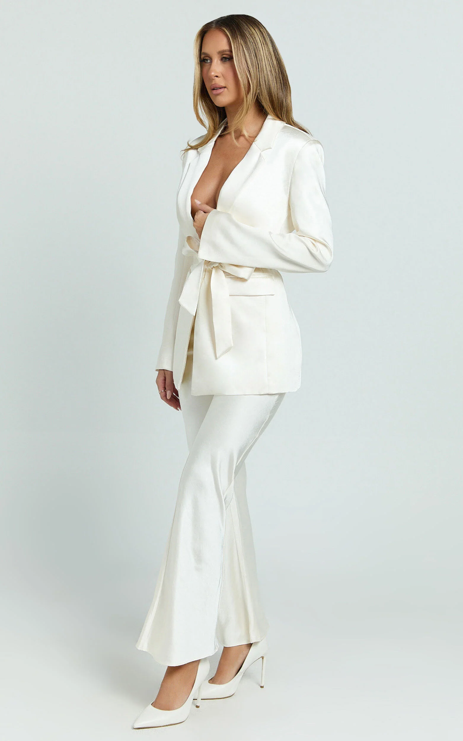 Jagger Blazer - Flared Sleeve Belted Blazer in Pearl