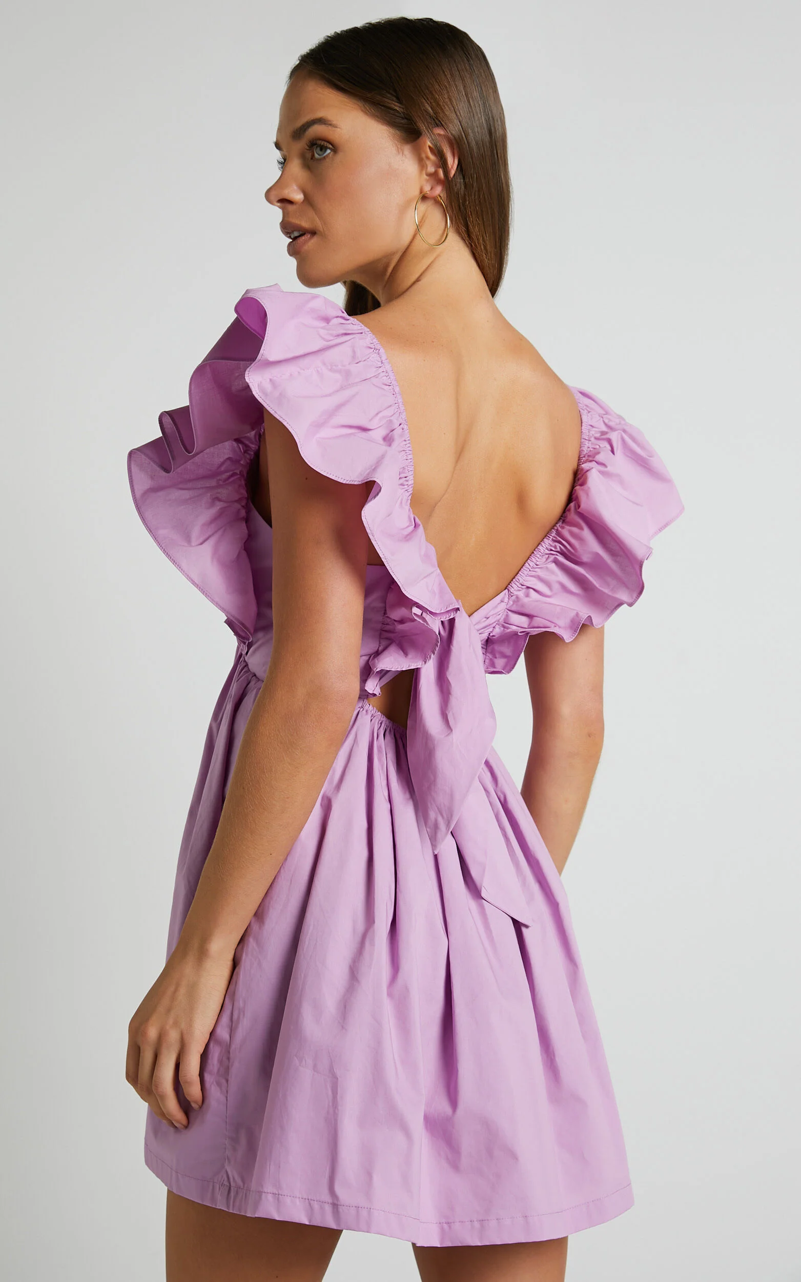 Raiza Mini Dress - Ruffle Sleeve Tie Back Plunge Dress in Lilac