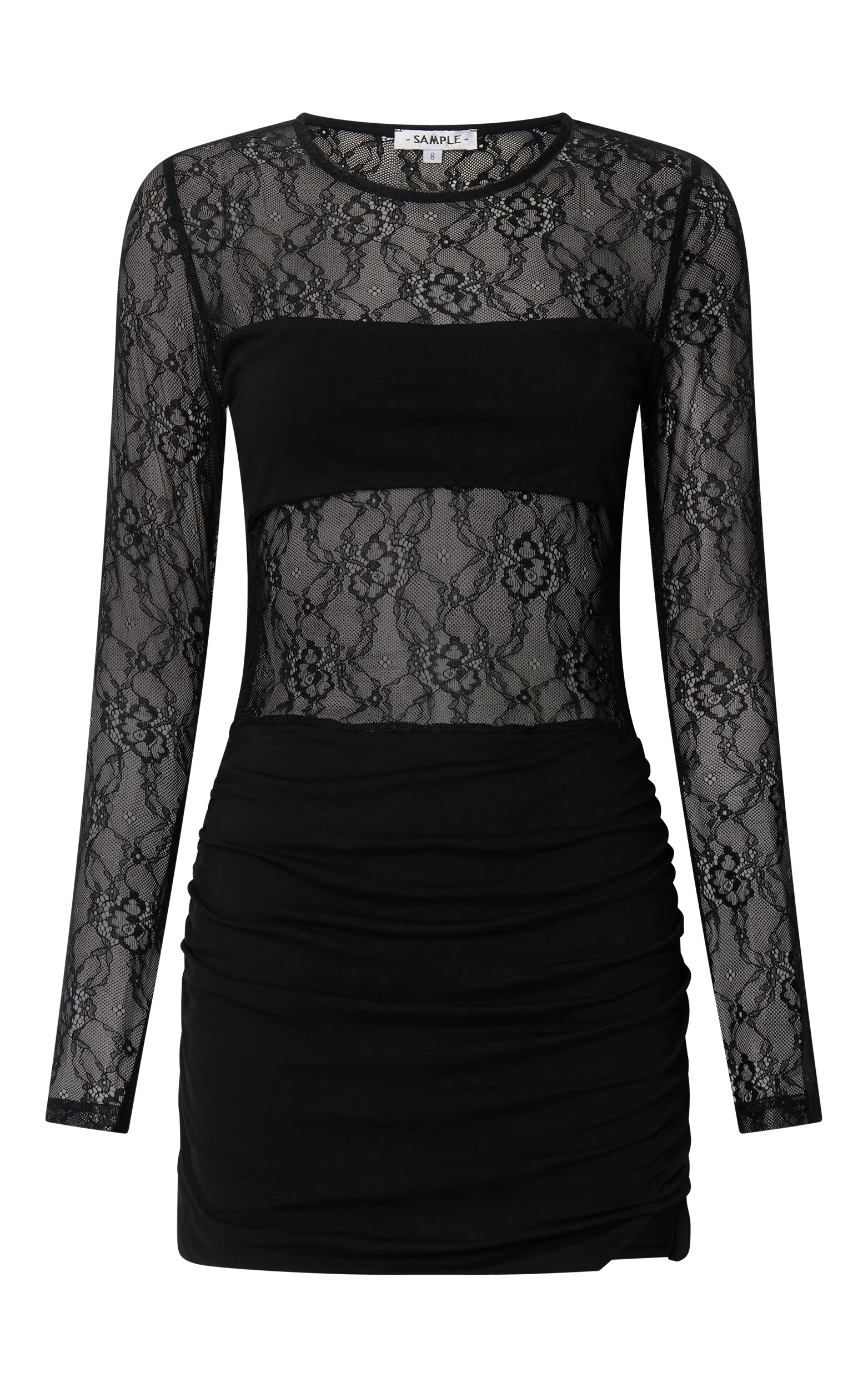 Imelda Mini Dress - Contrast Lace Long Sleeve Ruched Bodycon Dress in Black