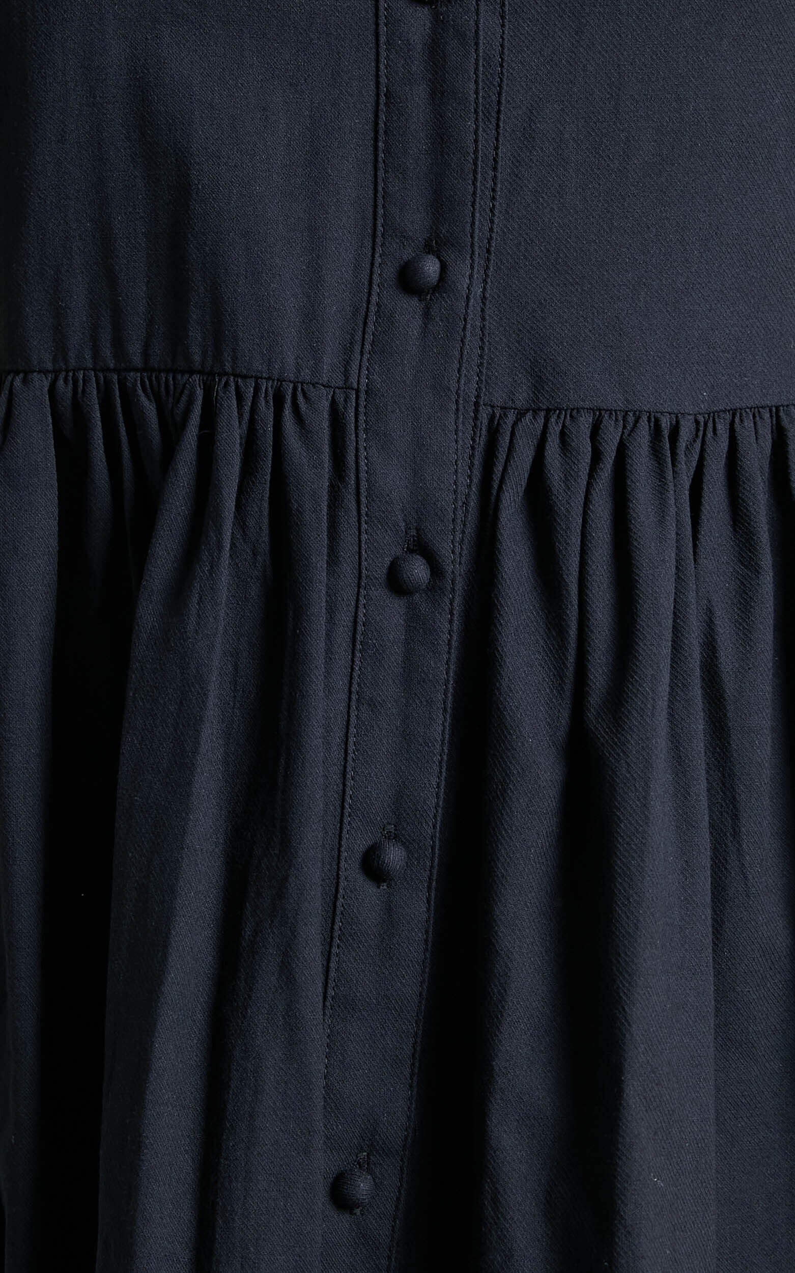 Staycation Mini Dress - Smock Button Up Dress in Black