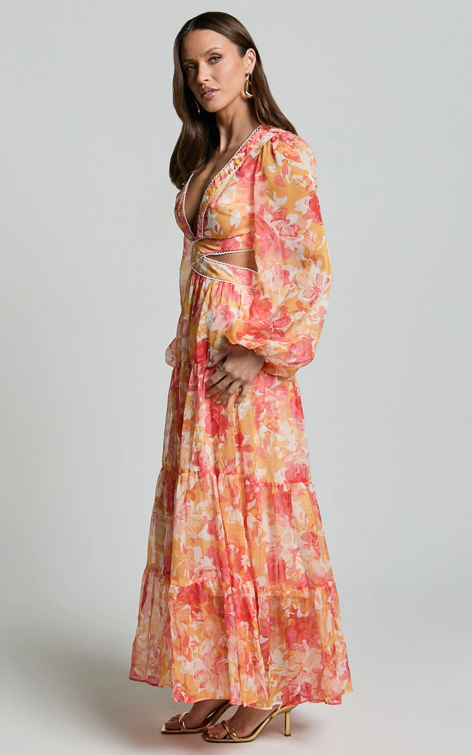 Anthea Midi Dress - V Neck Cut Out Tiered Dress in Yellow Print