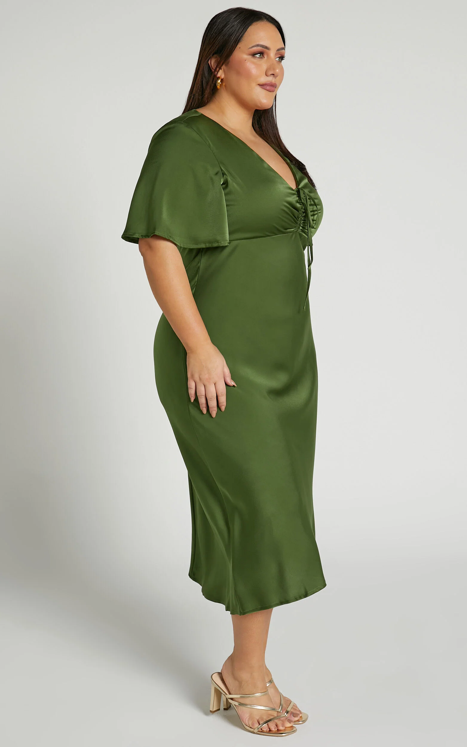 Nicholla Midi Dress - Ruched Front Angel Sleeve Slip Dress in Olive