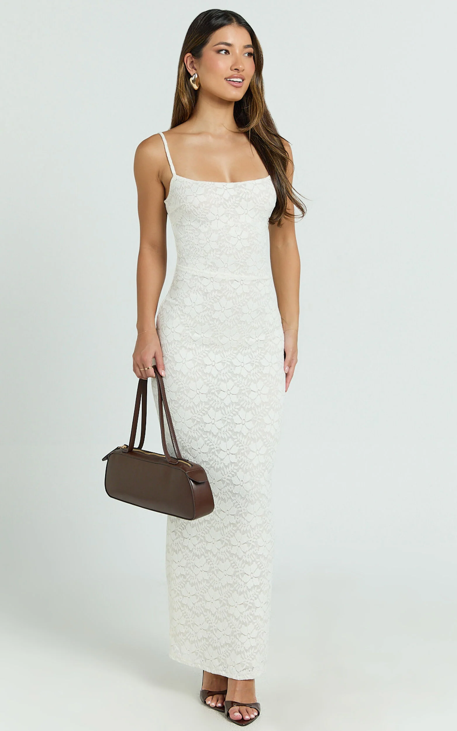 Carly Maxi Dress - Stretch Lace Scoop Neck Dress in Off White