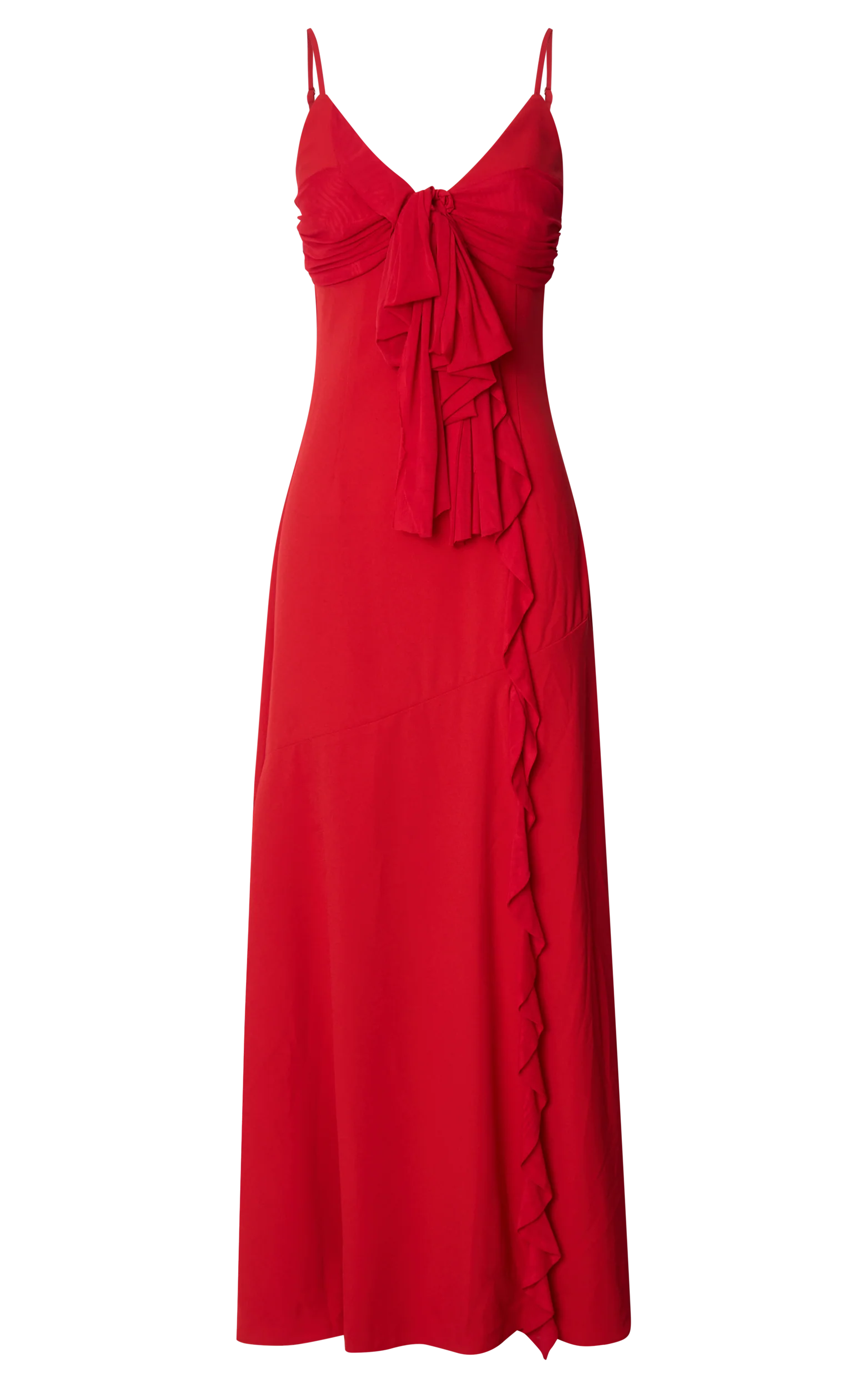Lacie Maxi Dress - V Neck Bias Cut Ruffle Tie Front Dress in Red