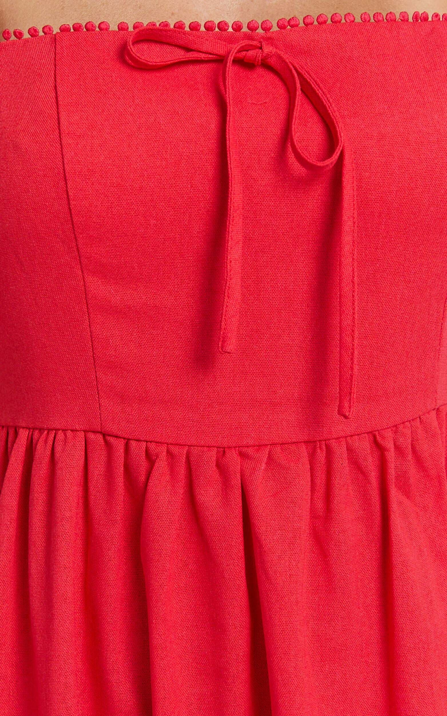 Quinn Midi Linen Dress - Puff Sleeve Square Neck Dress in Red