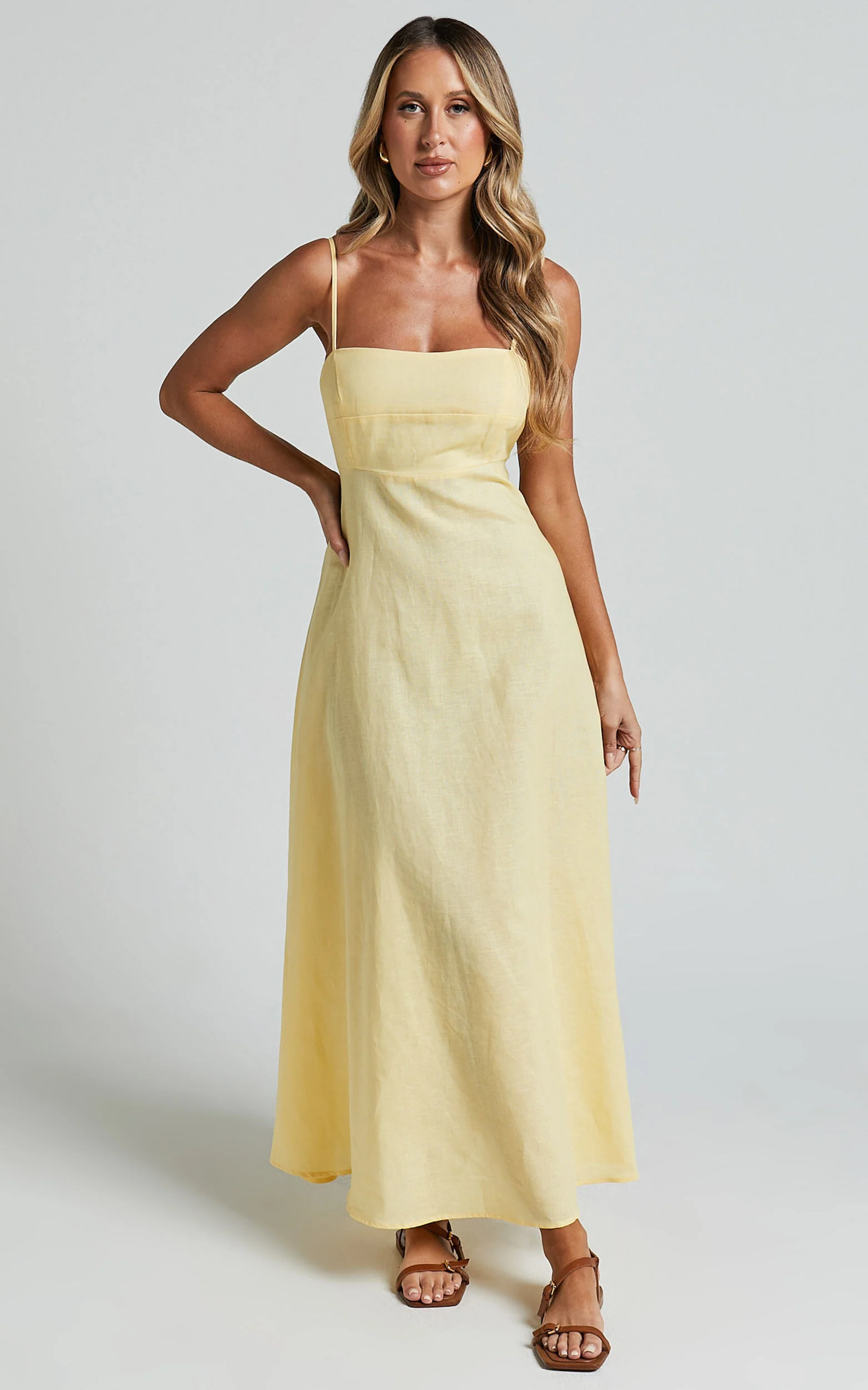Brette Midi Dress - Linen Straight Neck Strappy Fit And Flare Dress in Lemon