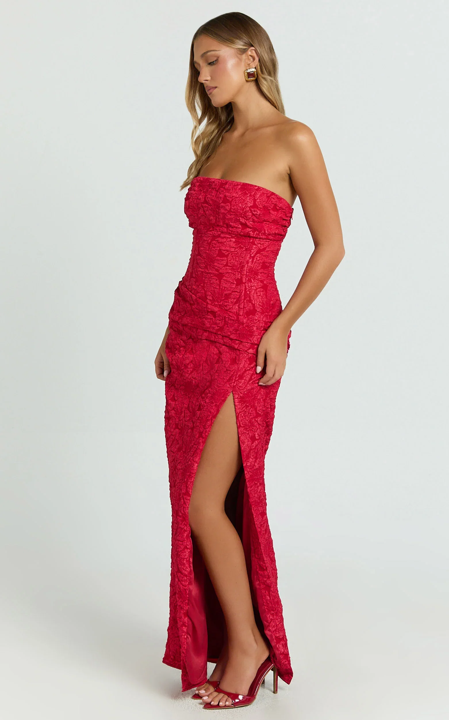 Berri Maxi Dress - Strapless Jacquard High Split Dress in Red