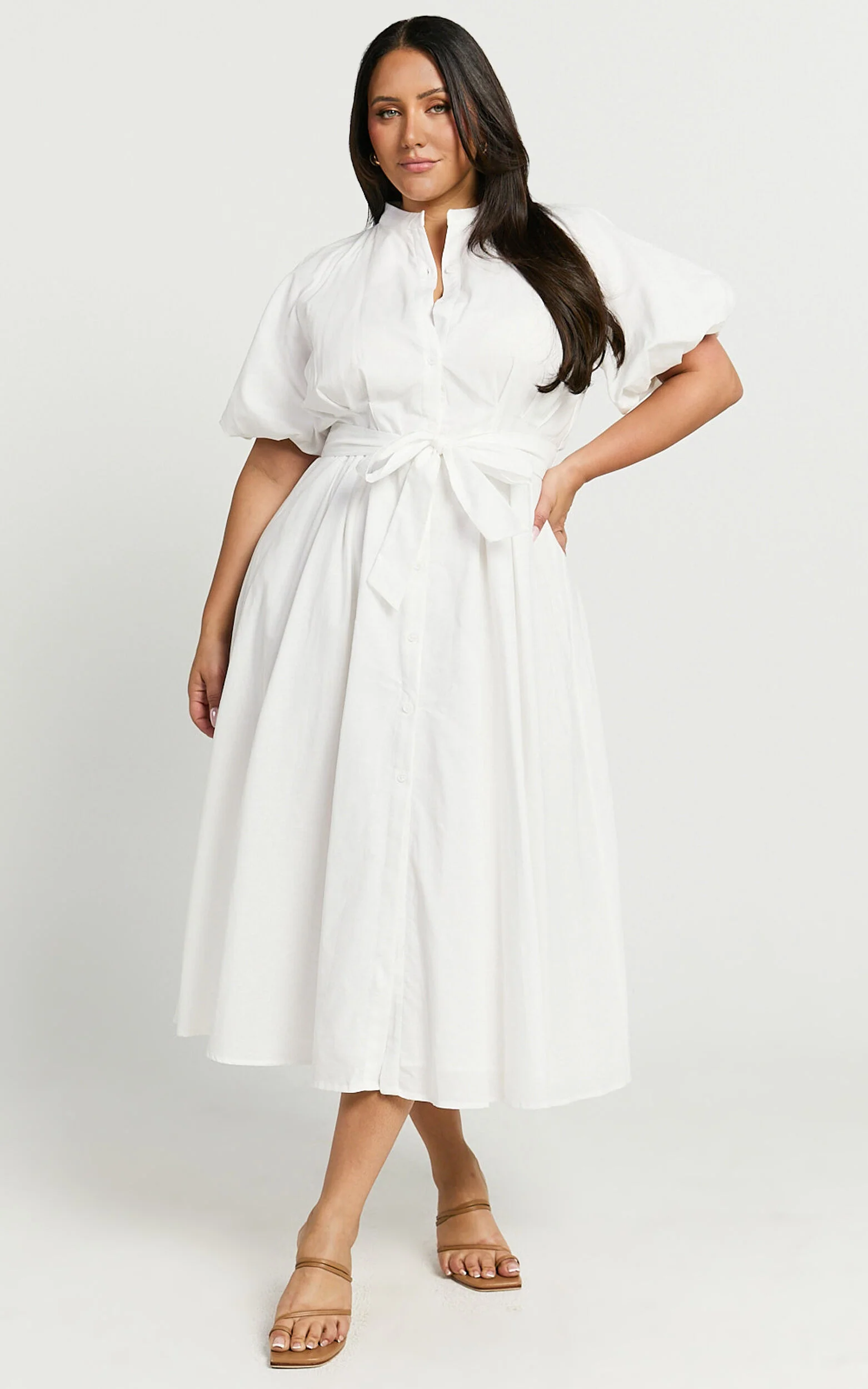 Sabrina Midi Dress - Linen Raglan Sleeve Belted Dress in White