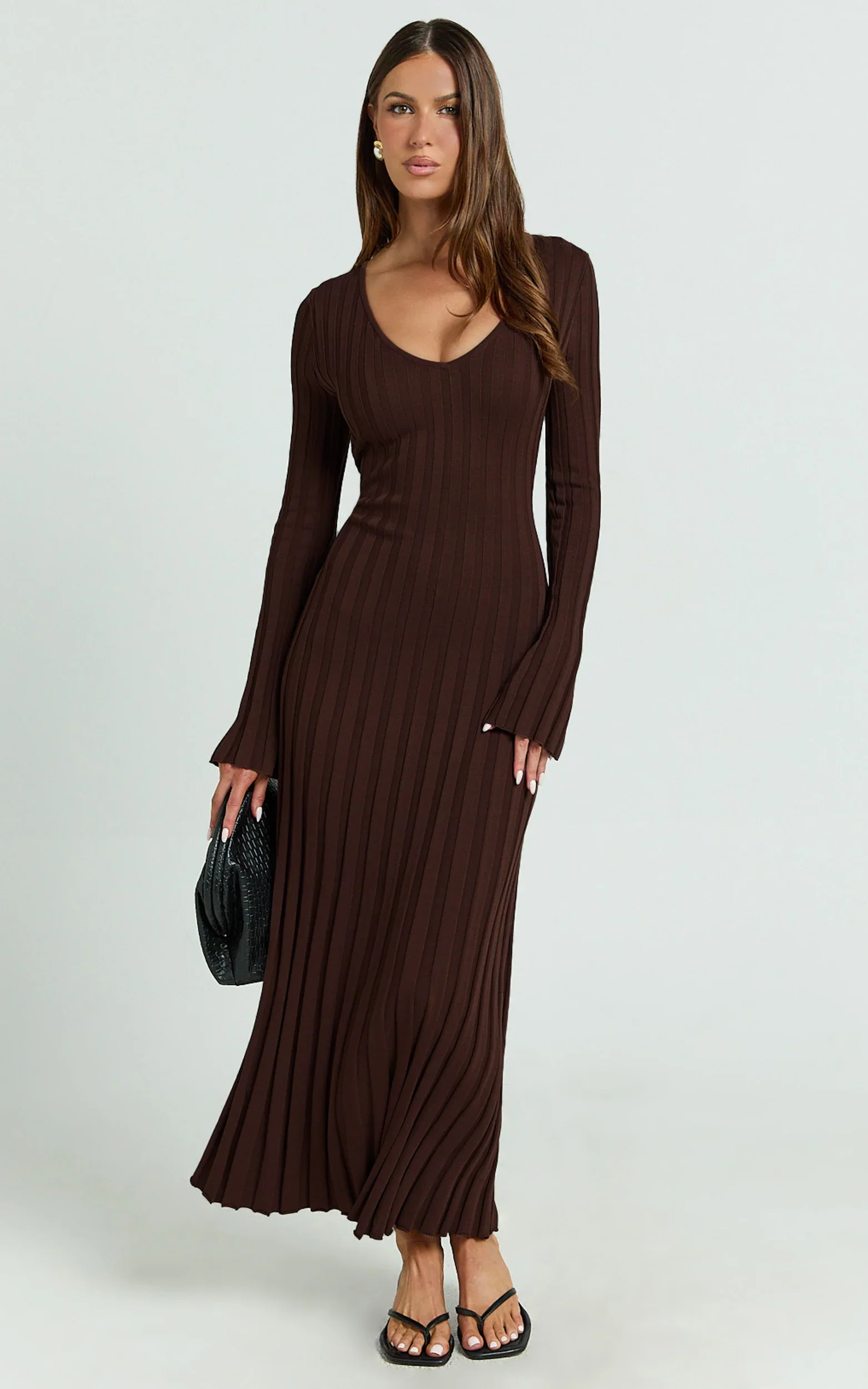 Astra Maxi Dress - V Neck Long Sleeve Knit Dress in Chocolate