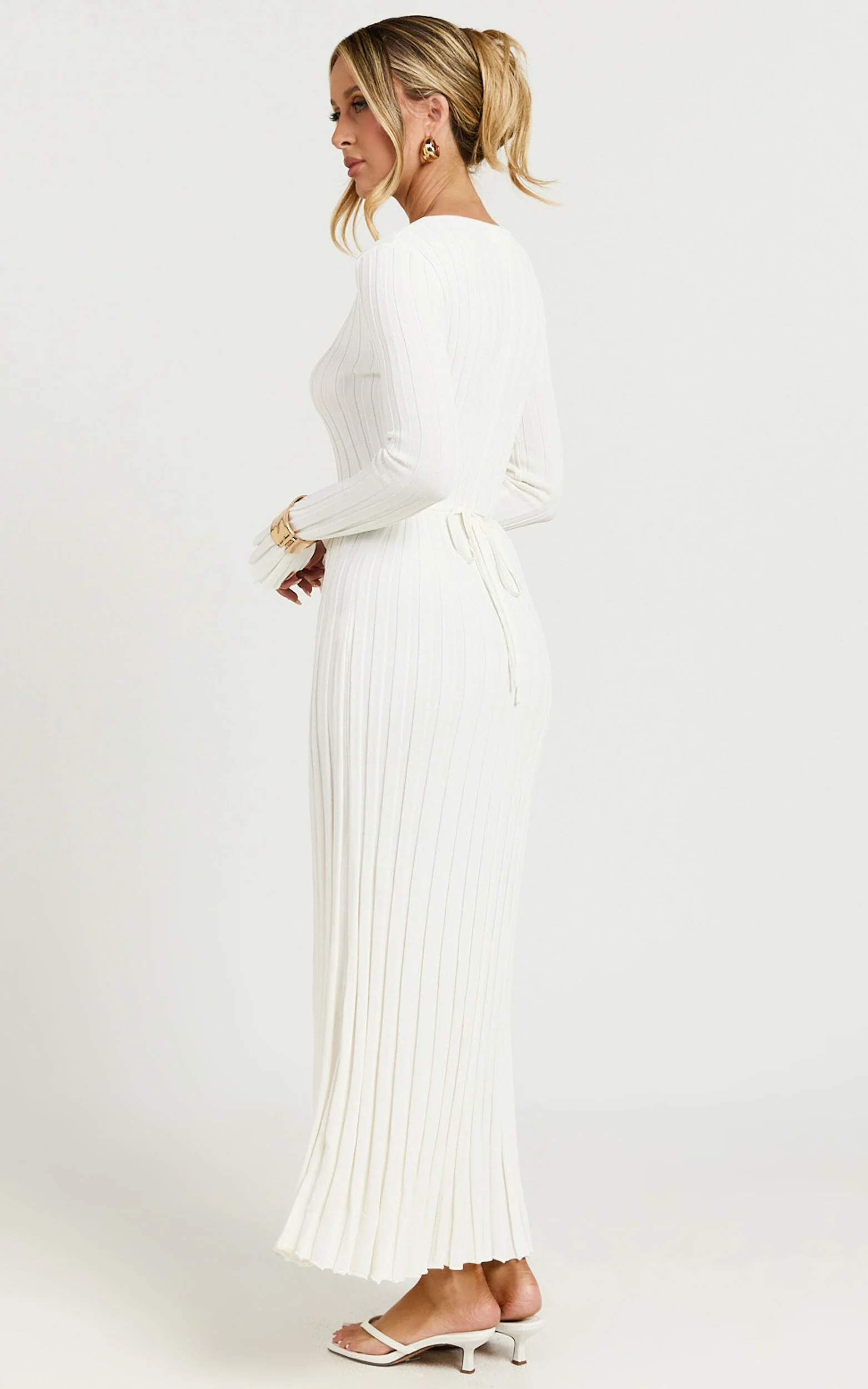 Astra Midi Dress - V Neck Long Sleeve Knit Dress in White