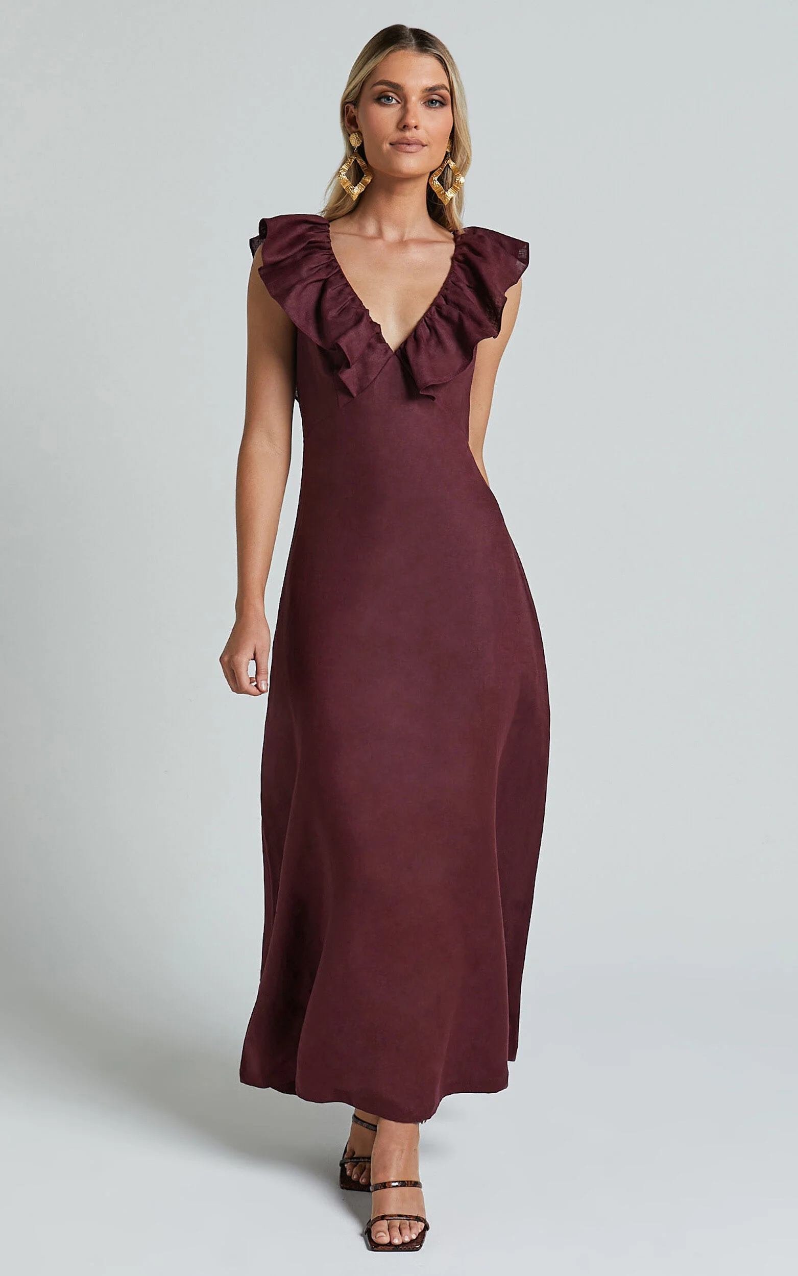 Amalie The Label - Penelope Linen Flutter Sleeve Low Back Maxi Linen Dress in Wine