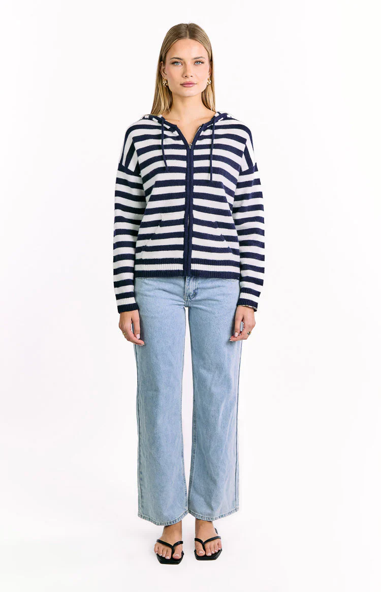 Mollie Navy Stripe Knit Zip Sweater