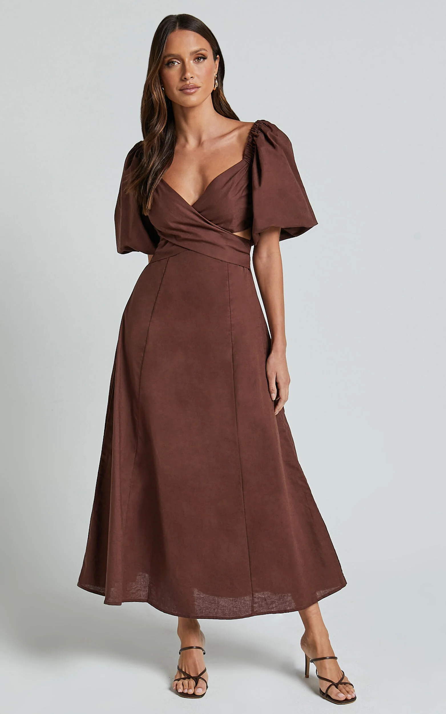 Amalie The Label - Janae Linen Blend Puff Sleeve Cut Out Midi Dress in Chocolate