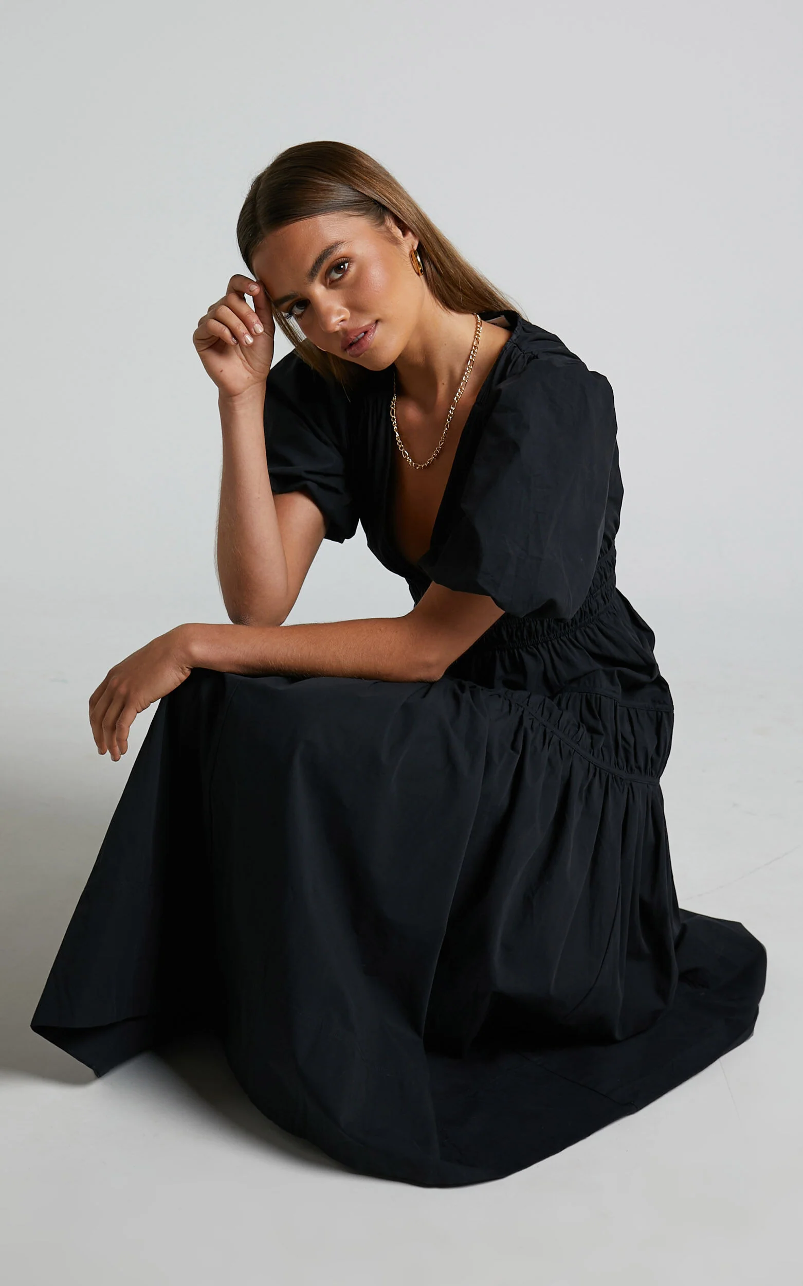 Mellie Midi Dress - Puff Sleeve Plunge Tiered Dress in Black