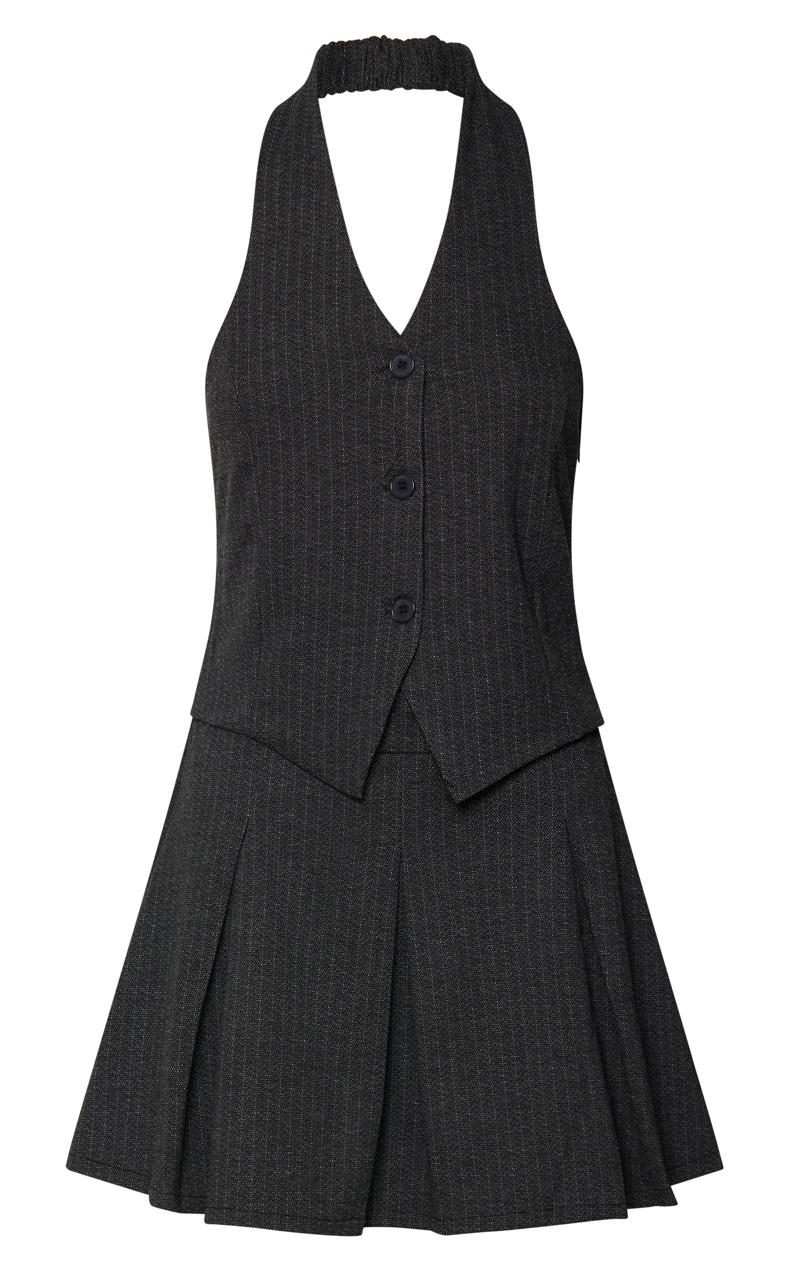 Camille Mini Dress - Halter Neck Vest and Pleated Skirt Mini Dress in Charcoal Pinstripe