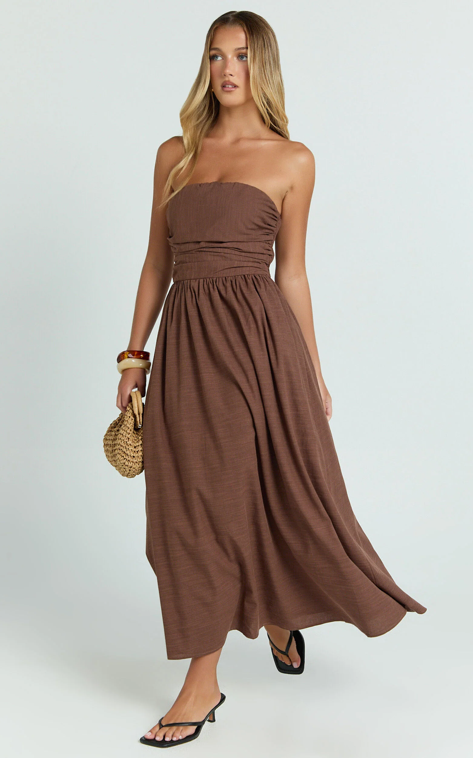 Polly Midi Dress - Strapless Ruched Dress in Chocolate