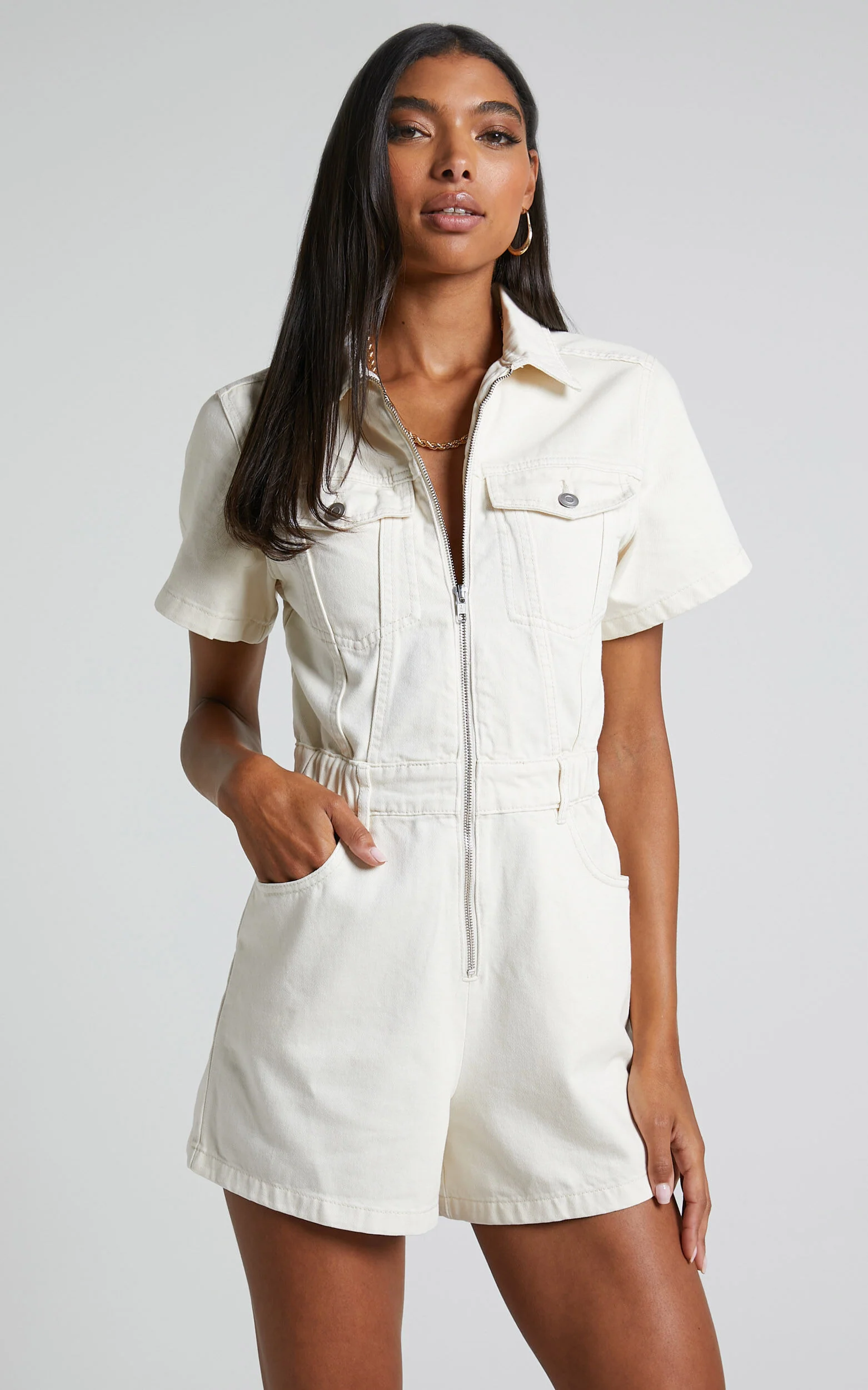 Mauriel Playsuit - Recycled Cotton Utility Playsuit in Ecru