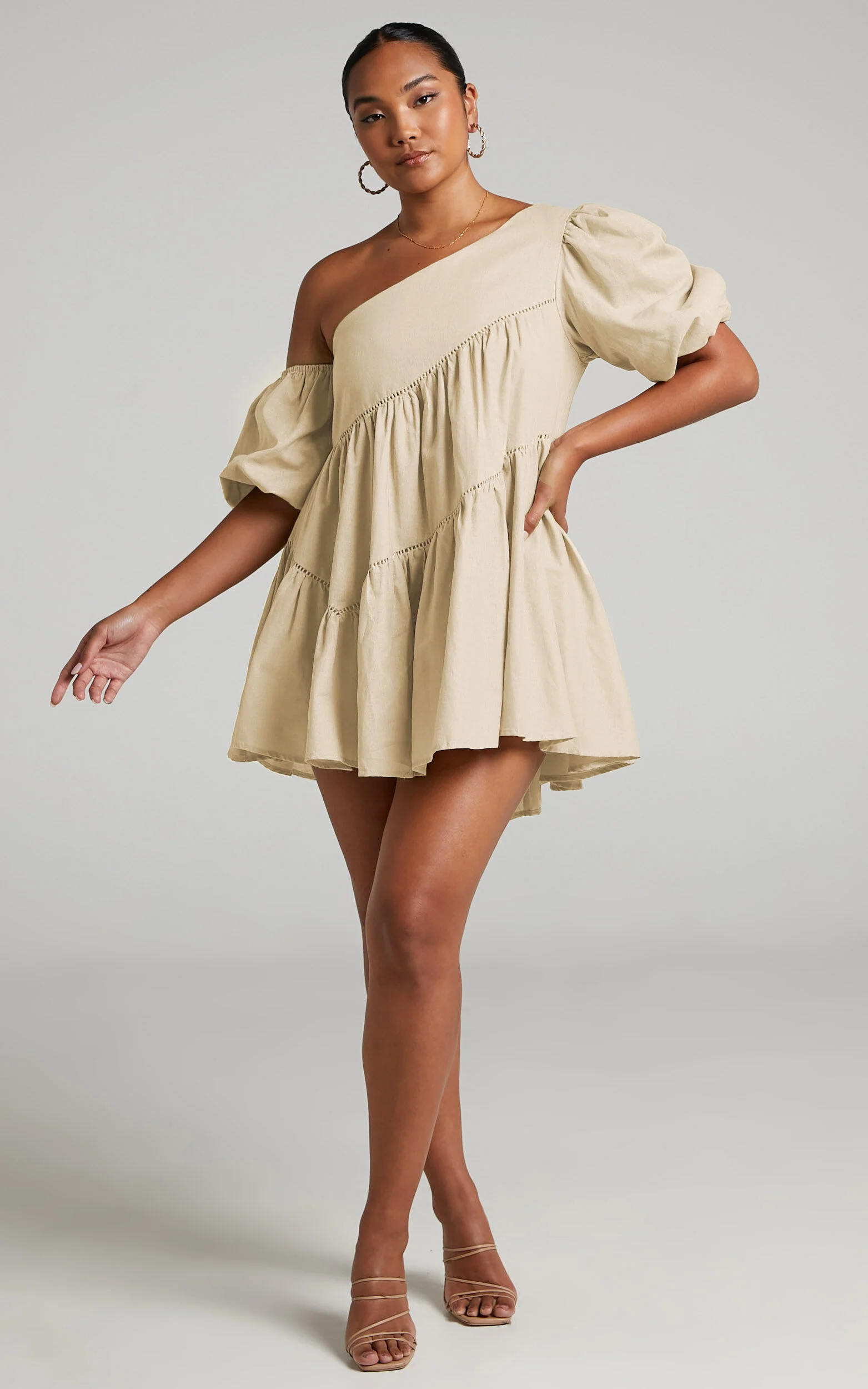 Harleen Mini Dress - Linen Asymmetrical Trim Puff Sleeve Dress in Beige