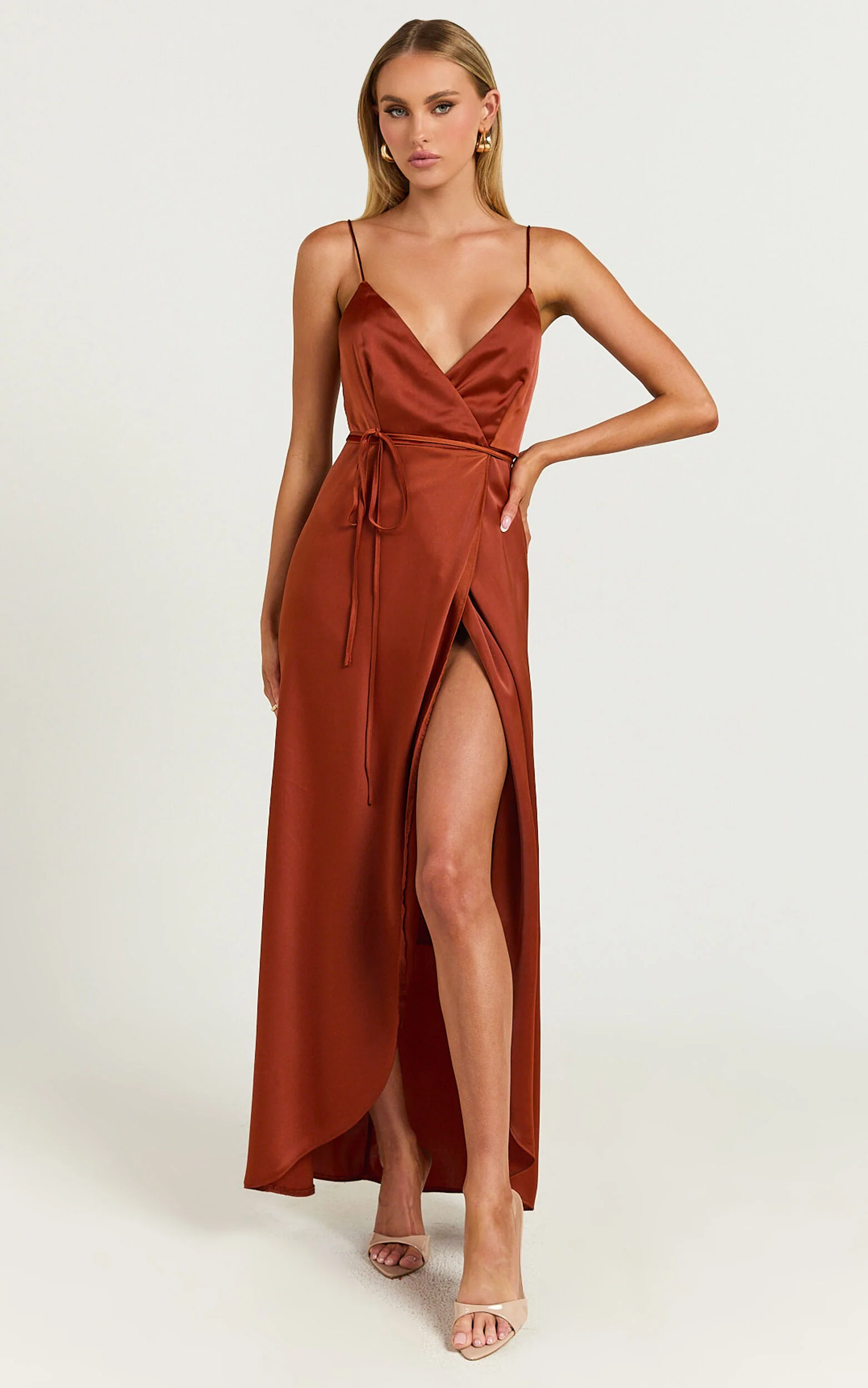 Mine Would Be You Midi Dress - Wrap Dress in Copper Satin