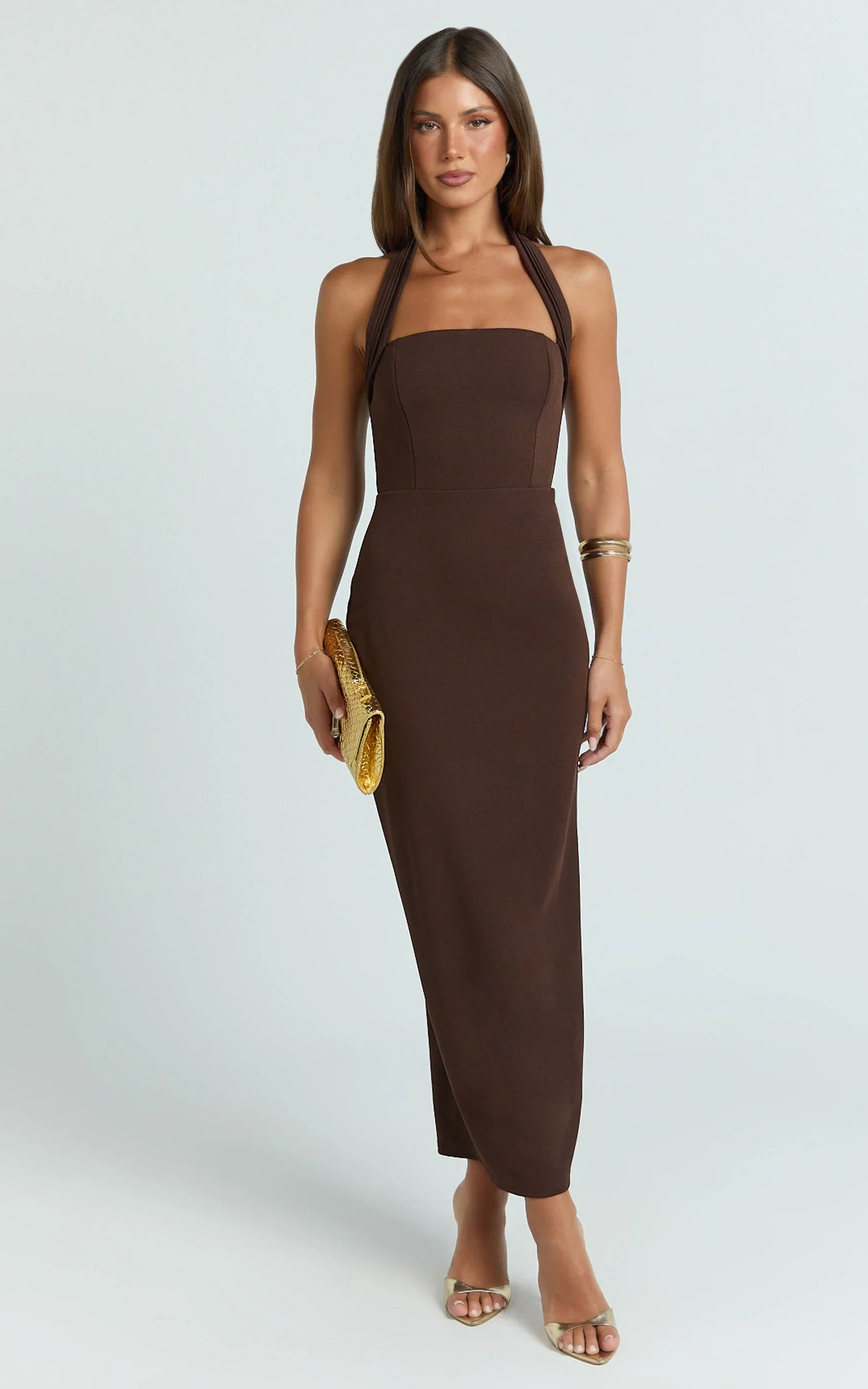 Salome Midi Dress - Halter Neck Column Dress in Dark Chocolate