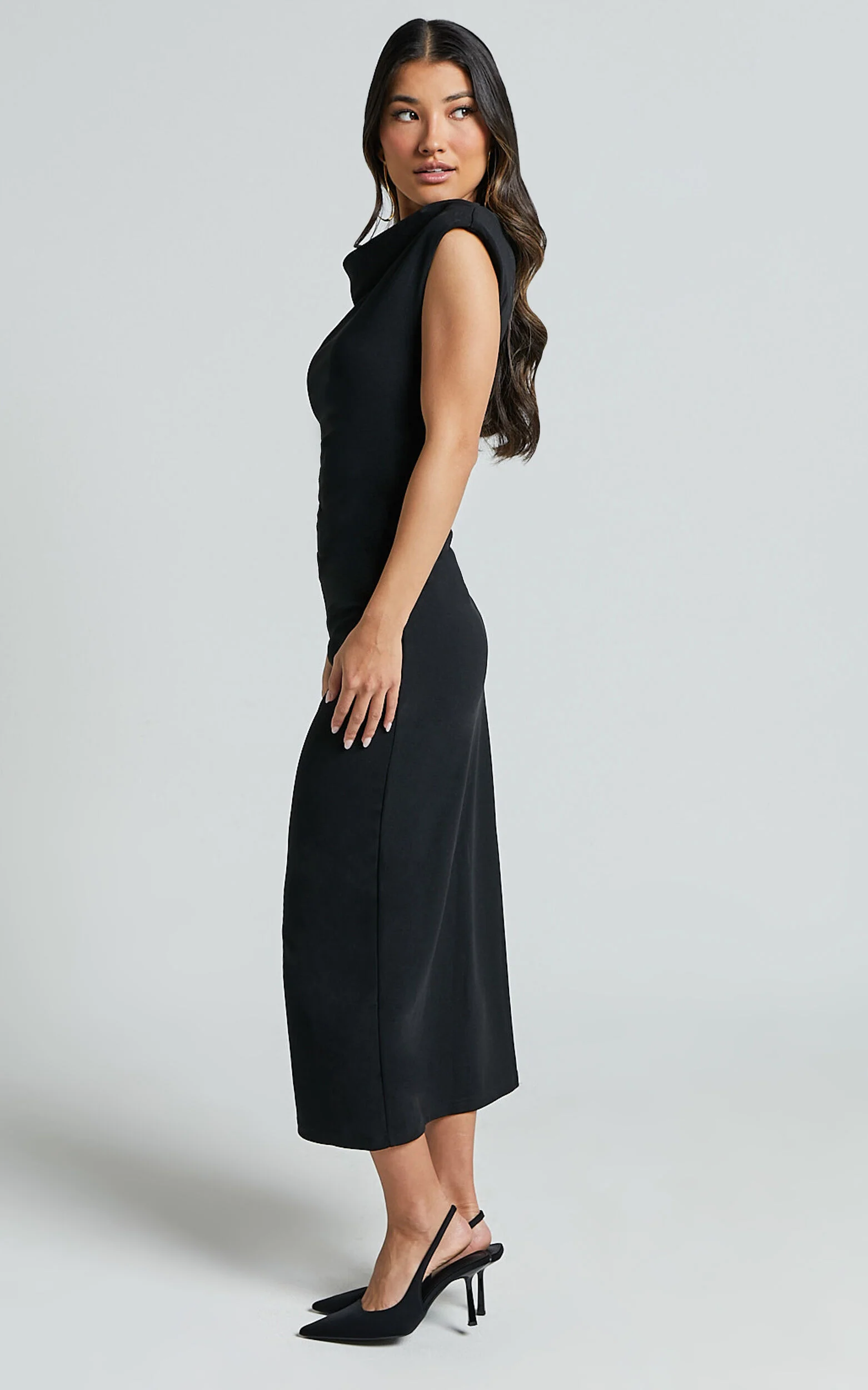Carmilette Midi Dress - Cowl Neck Ruched Jersey Dress in Black
