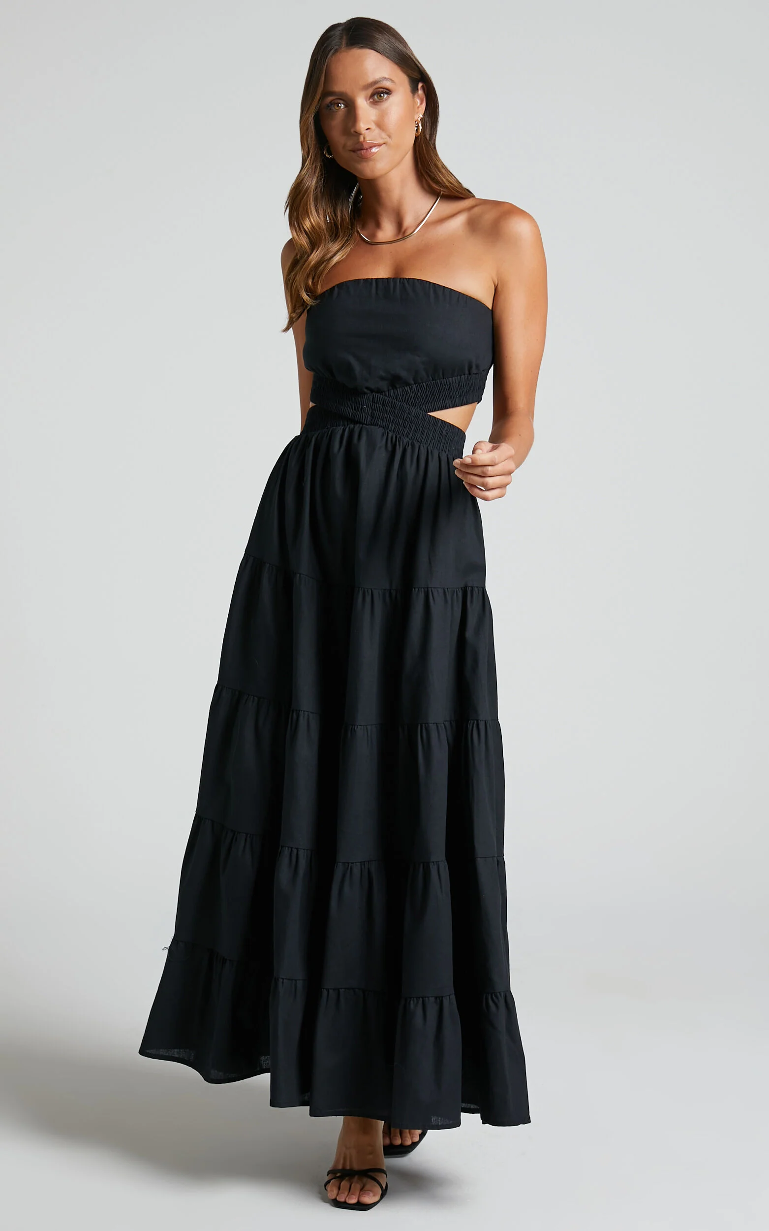 Xiomara Maxi Dress - Strapless Cut Out Tiered Dress in Black