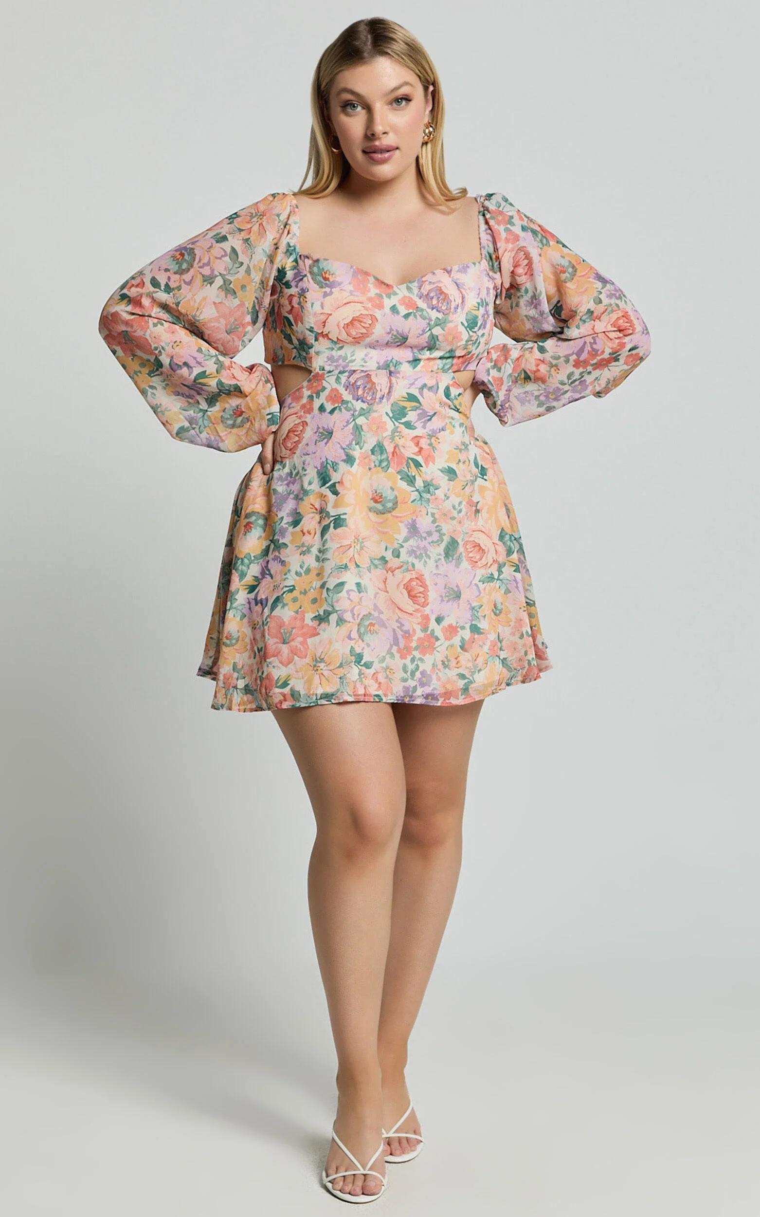 Ebonee Mini Dress - Puff Sleeve Cut Out Dress in Flower Crown