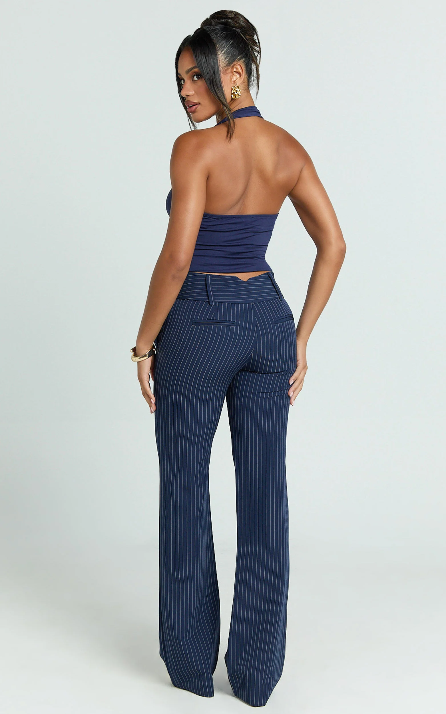 Elliot Pants - Mid Rise Pinstripe Bootleg Pants in Navy