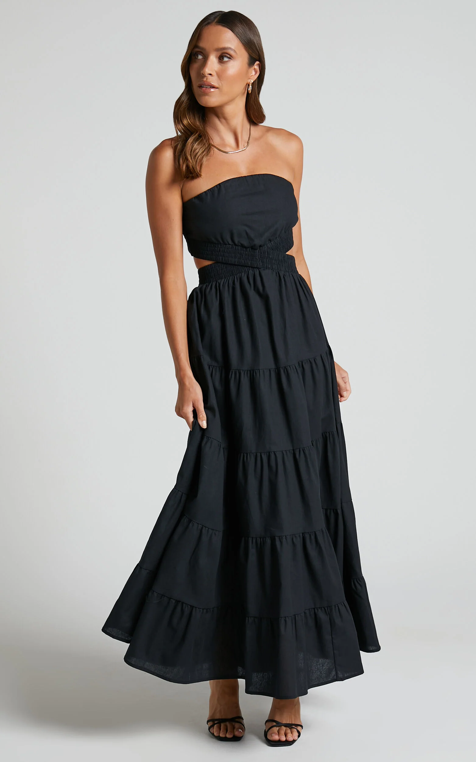 Xiomara Maxi Dress - Strapless Cut Out Tiered Dress in Black