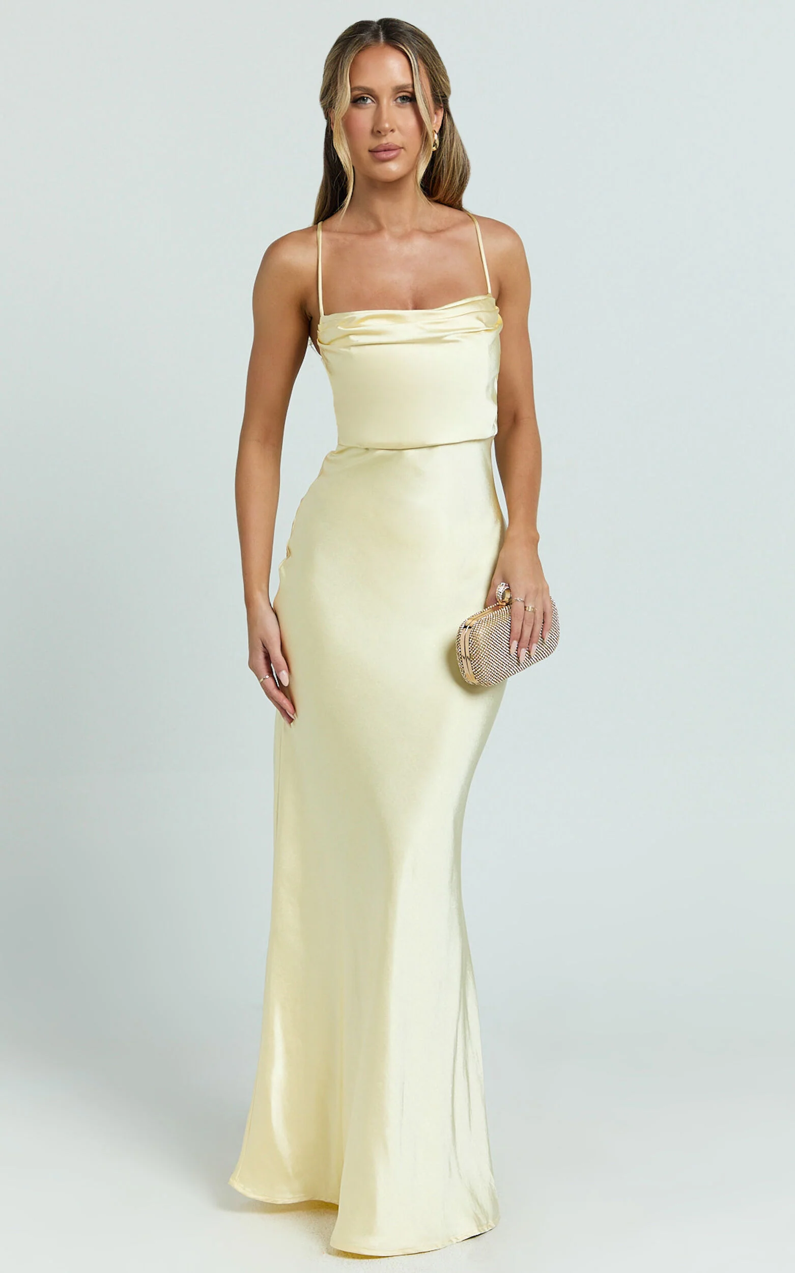 Hanna Maxi Dress - Satin Cowl Neck Low Back Dress in Lemon