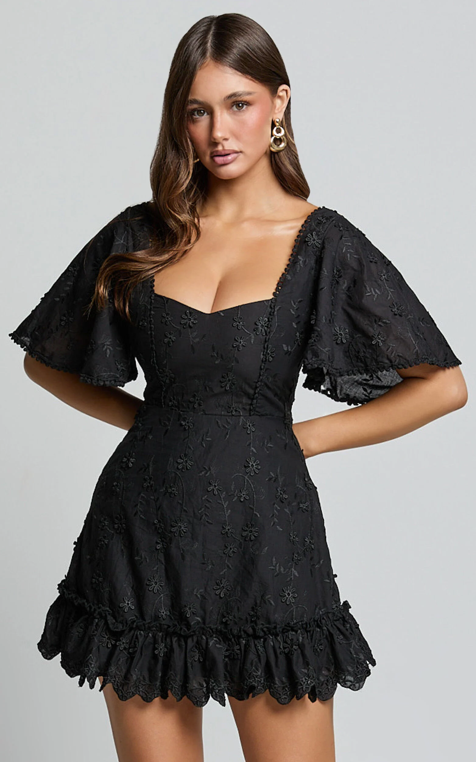 Fancy A Spritz Mini Dress - Square Neck Dress in Black Embroidery
