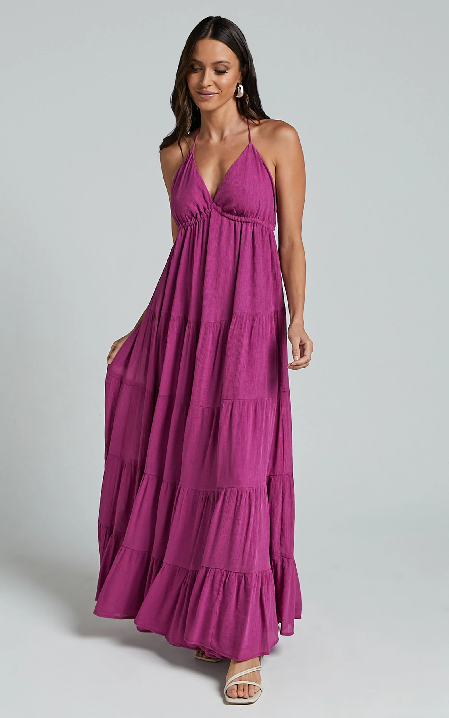 Claudia Maxi Dress - Halter Neck Low Back Empire Waist Tiered Dress in Magenta