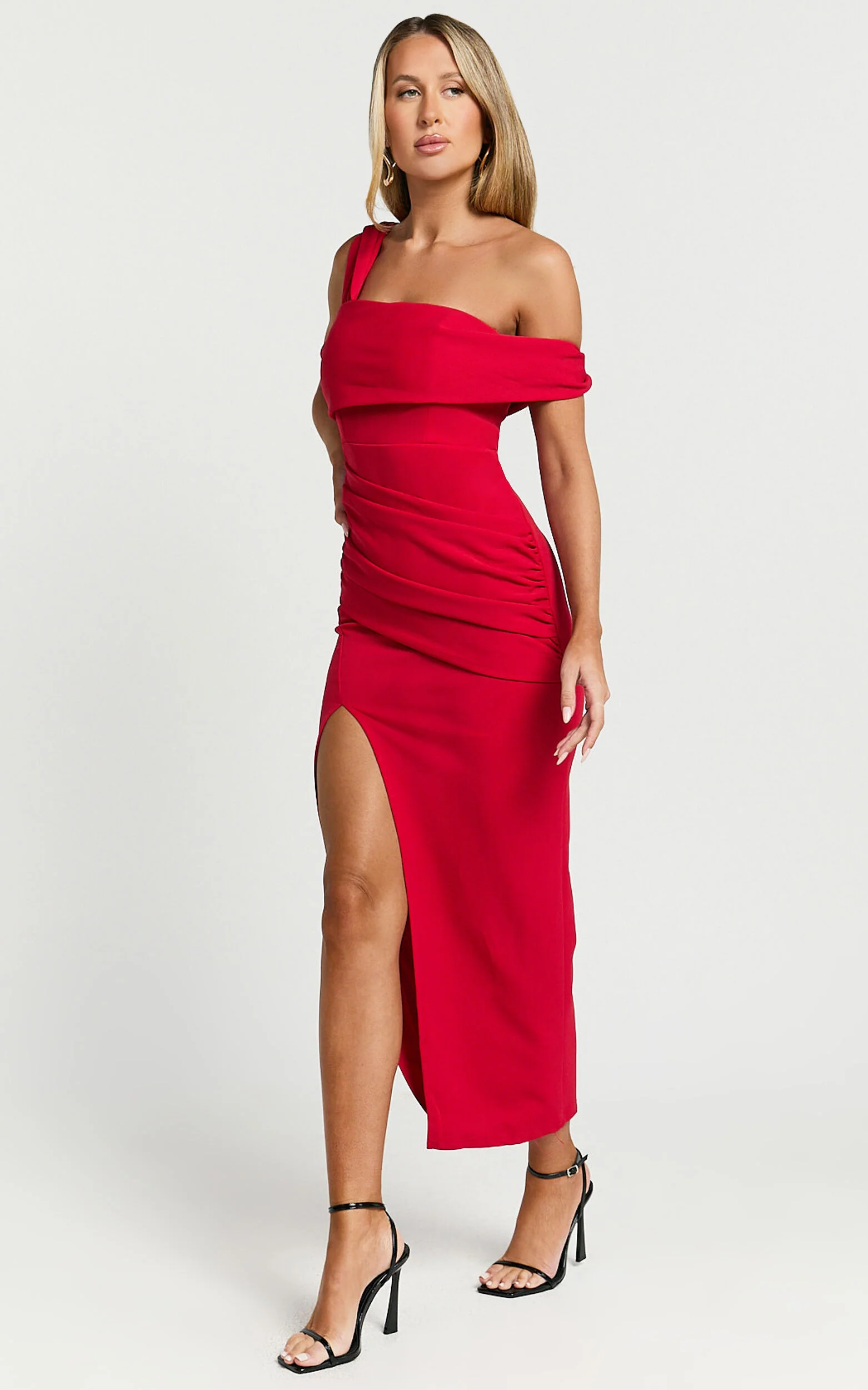 Almaida Midi Dress - Off Shoulder Ruched Side Dress in Red