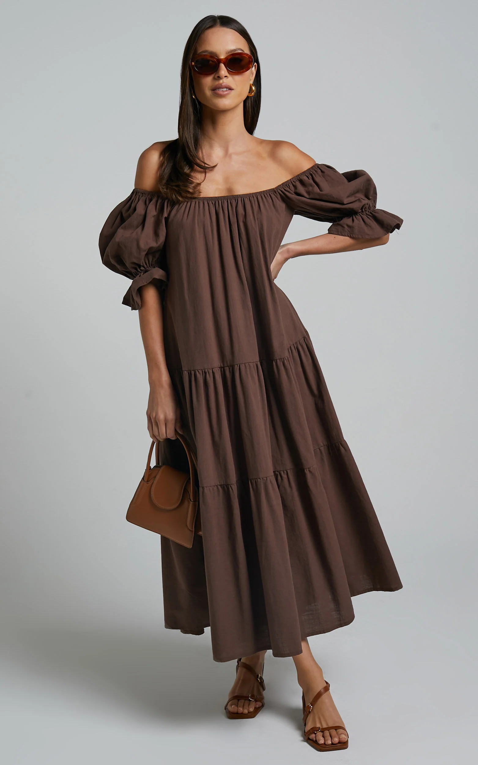 Zaharrah Midi Dress - Tiered Dress in Chocolate Linen Look