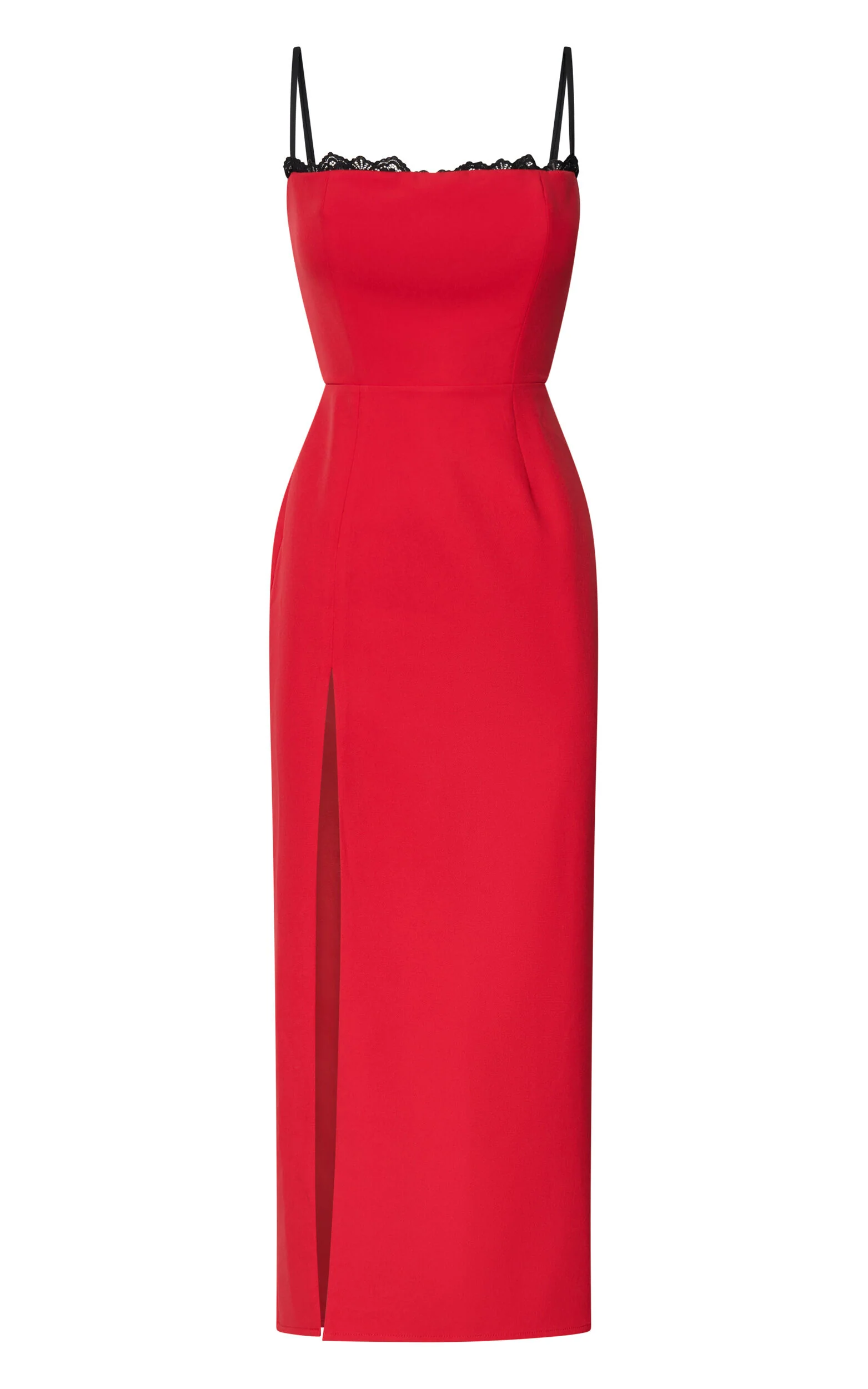 Richelle Midi Dress - Strappy Contrast Lace Straight Neck Fitted Side Leg Split Dress in Red