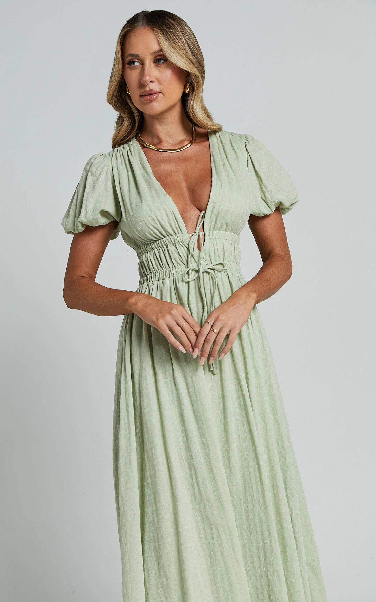 Matteo Midi Dress - Deep V Neck Puff Sleeve Dress in Sage