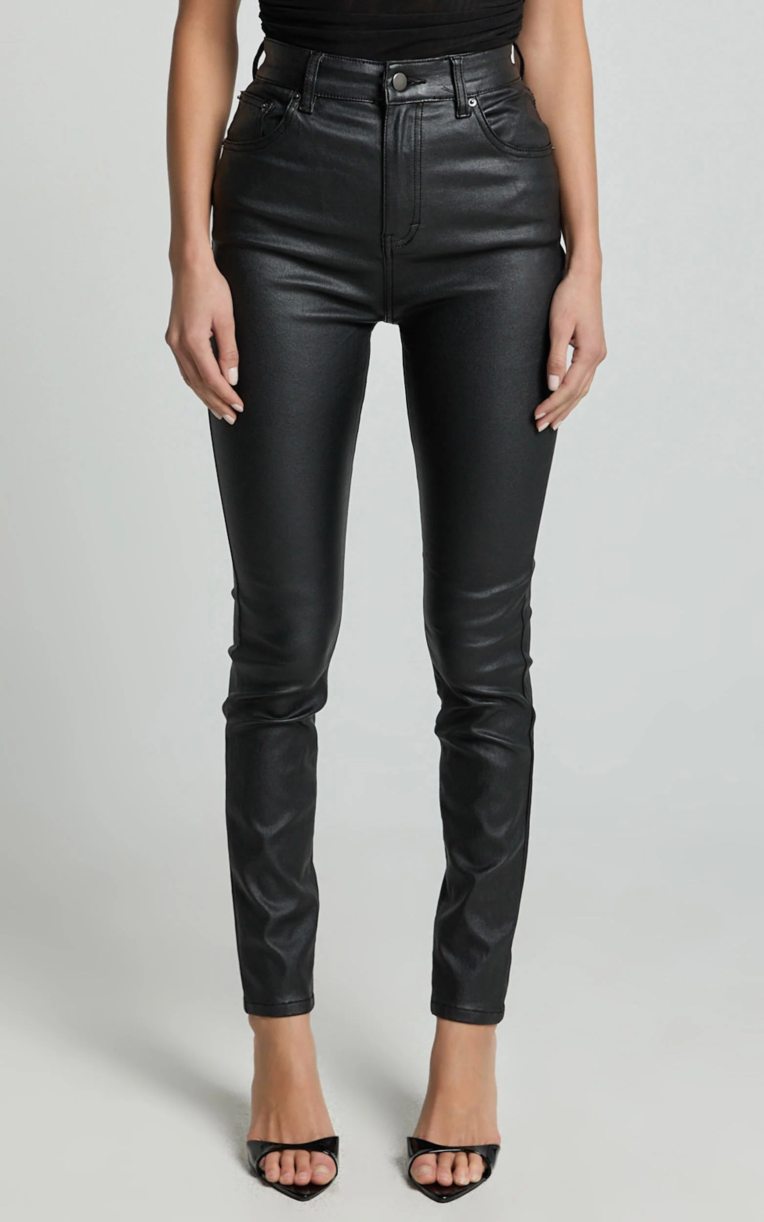 Whinnie Jeans - High Waist Skinny Coated Denim Jeans in Black