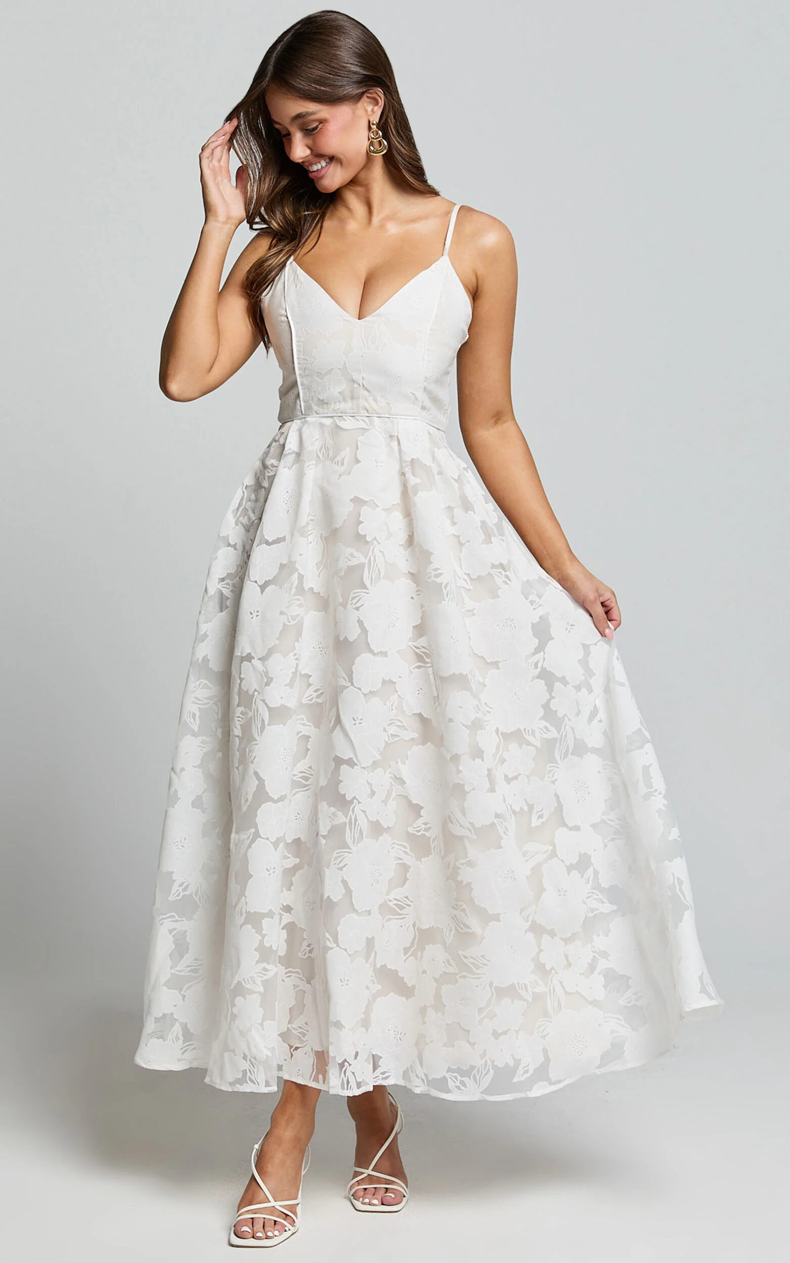 Philine Midi Dress - Jacquard Plunge Fit and Flare Dress in White