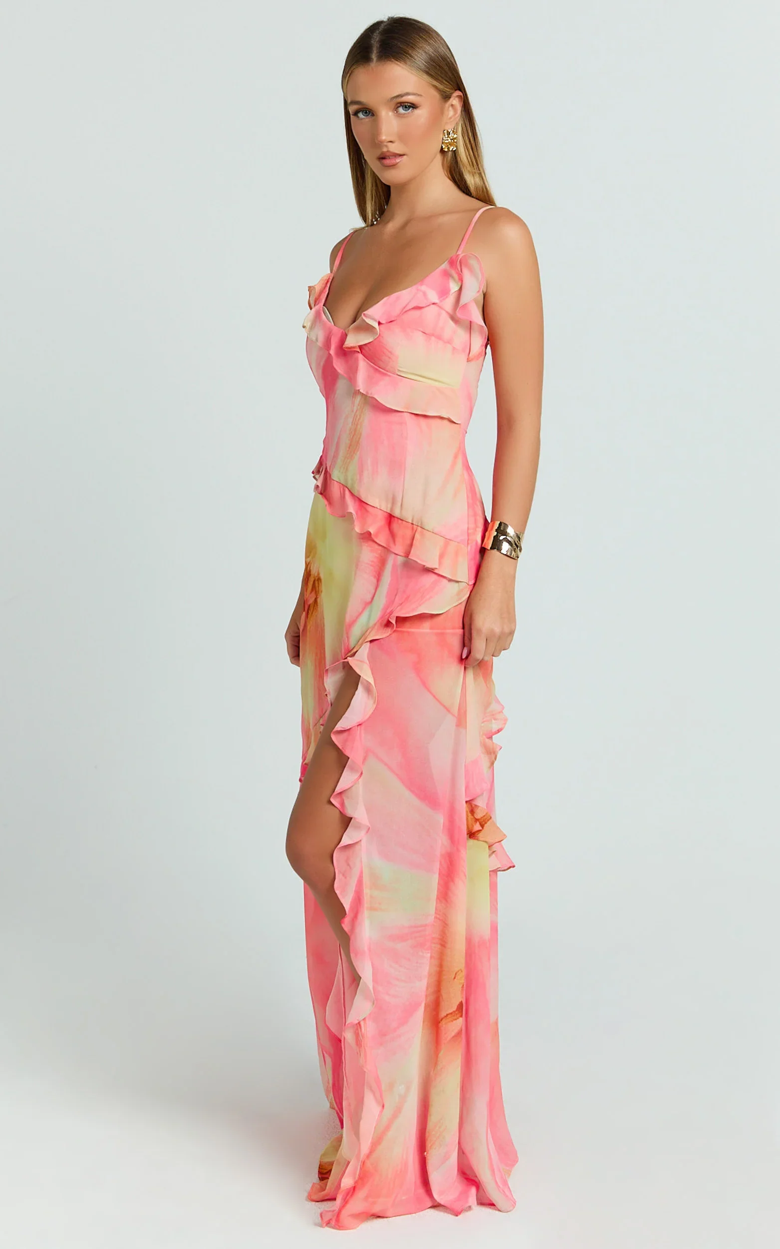 Adele Maxi Dress - Strappy V Neck Ruffle Tiered Dress in Regency Print