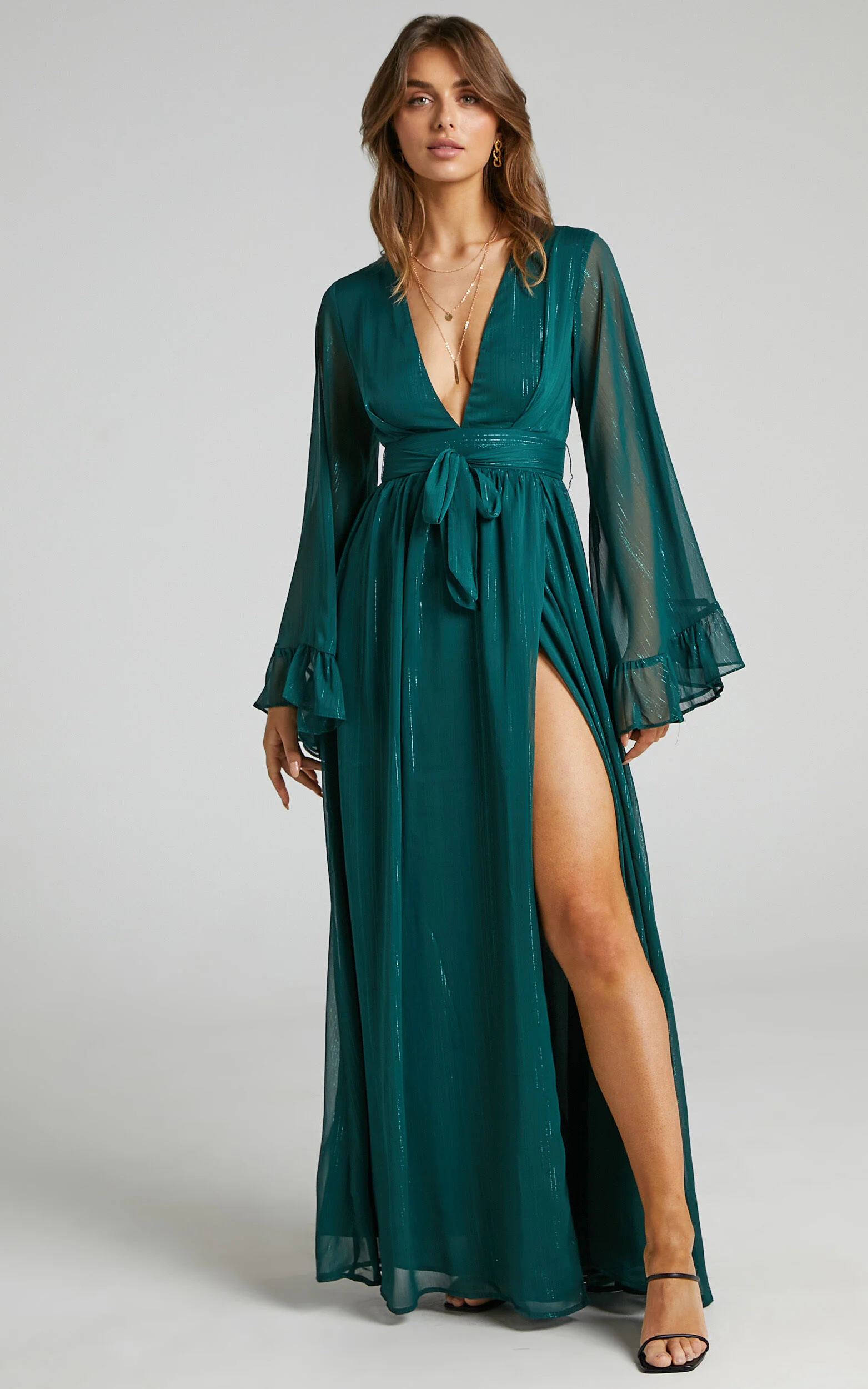 Dangerous Woman Maxi Dress - Plunge Thigh Split Dress in Emerald