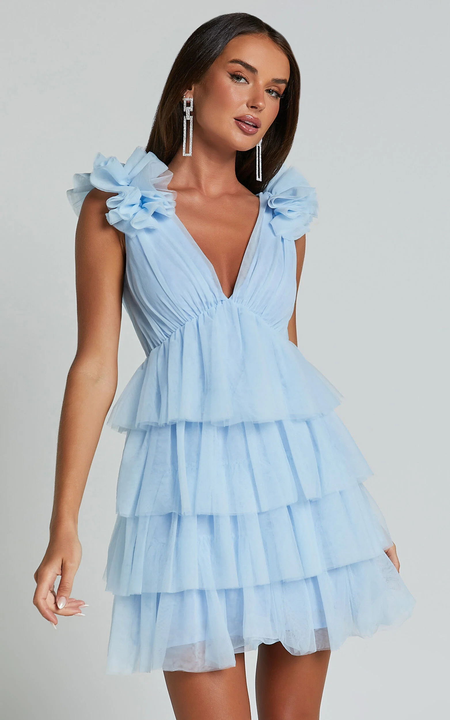 Hayden Mini Dress - Low Back Tulle Tiered Dress in Light Blue