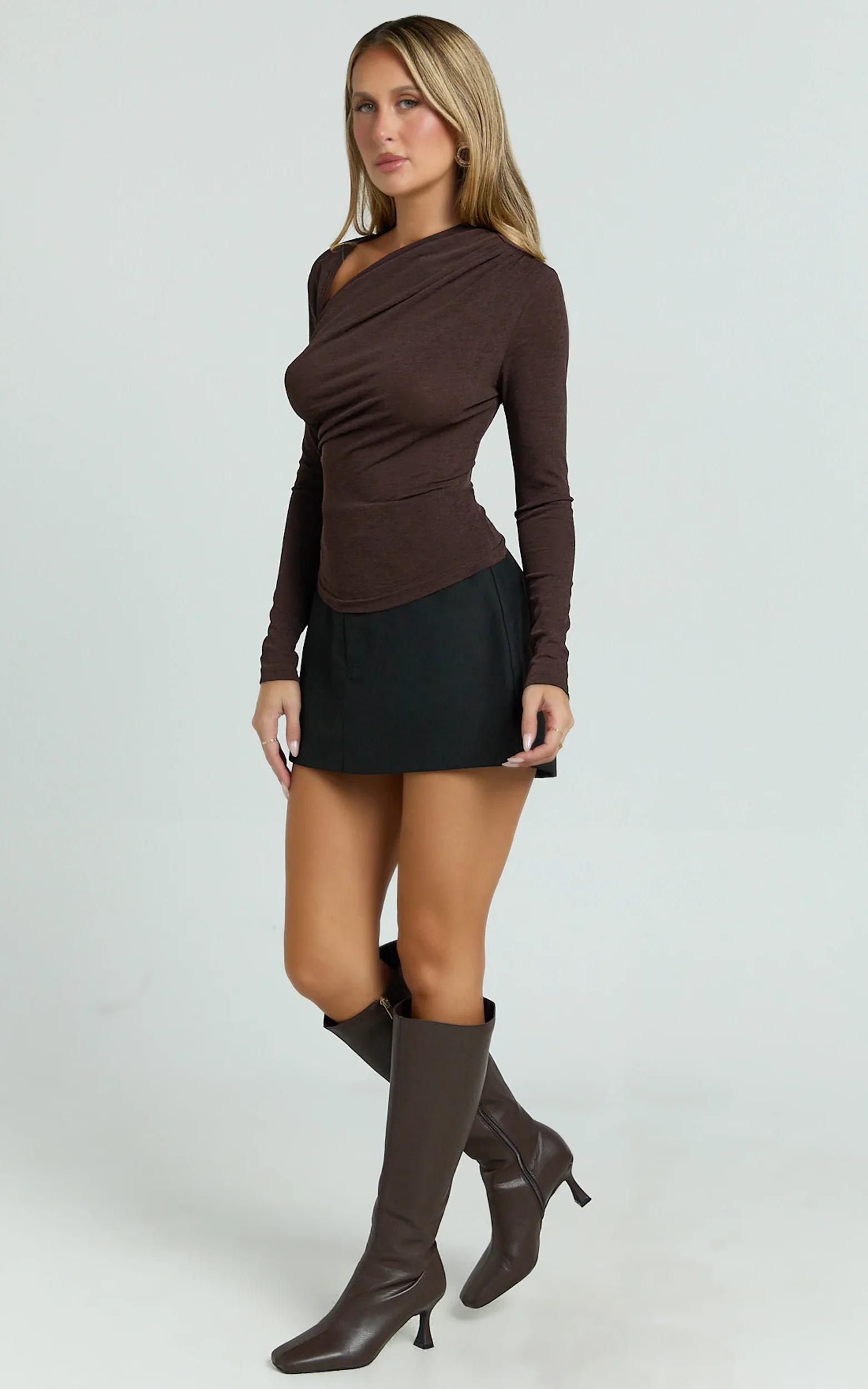Hillary Top - Asymmetric Ruched Side Jersey Top in Chocolate Brown