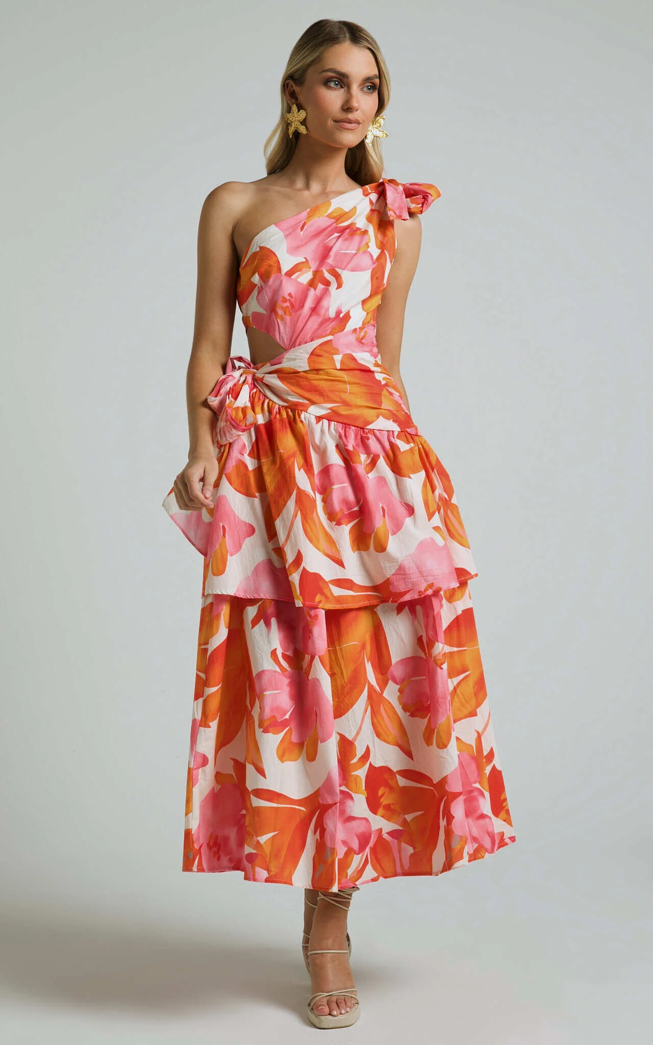 Honolulu Midi Dress - One Shoulder Tiered Dress in Orange Floral