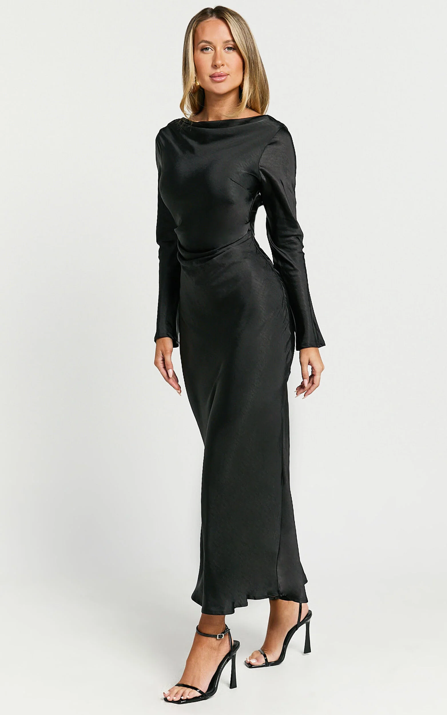 Arriana Midi Dress - Long Sleeve Cowl Back Satin Dress in Black