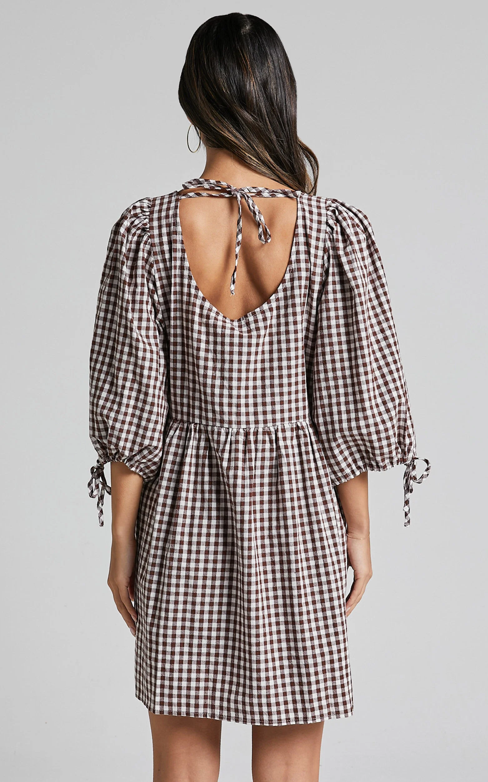 Rosita Mini Dress - Tie Front Puff Sleeve Dress in Brown and White Check
