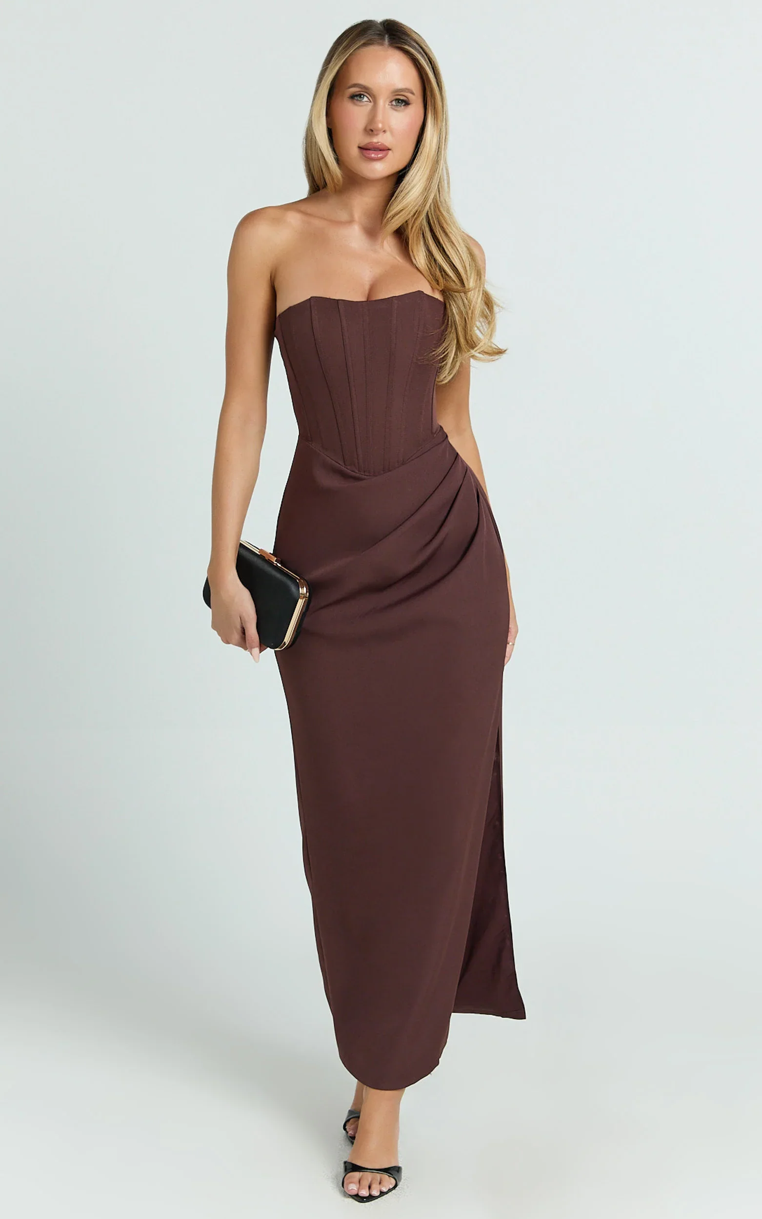 Avery Midi Dress - Strapless Draped Side Split Dress in Chocolate